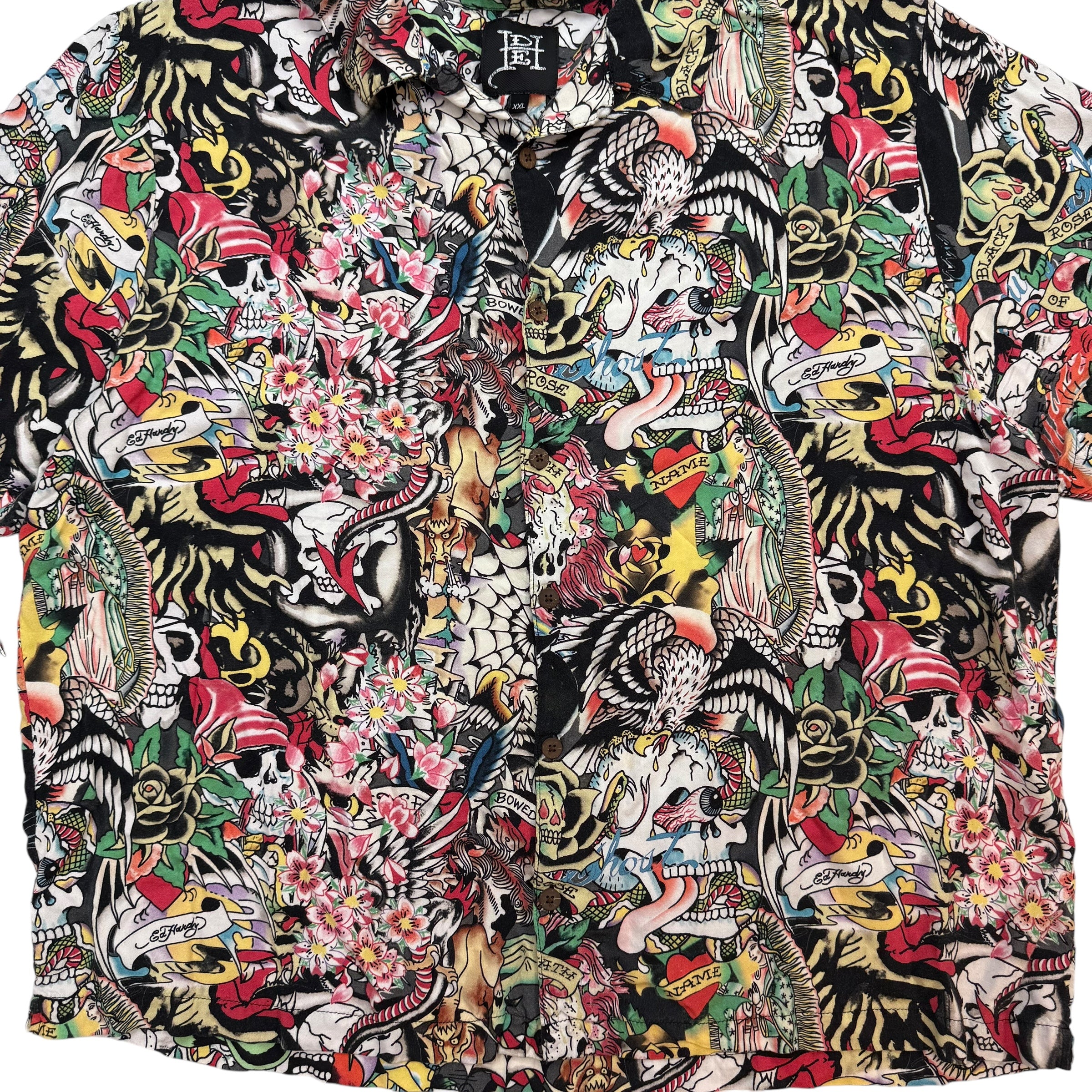 Vintage Y2K Ed Hardy Tattoo Collage Button Up Shirt