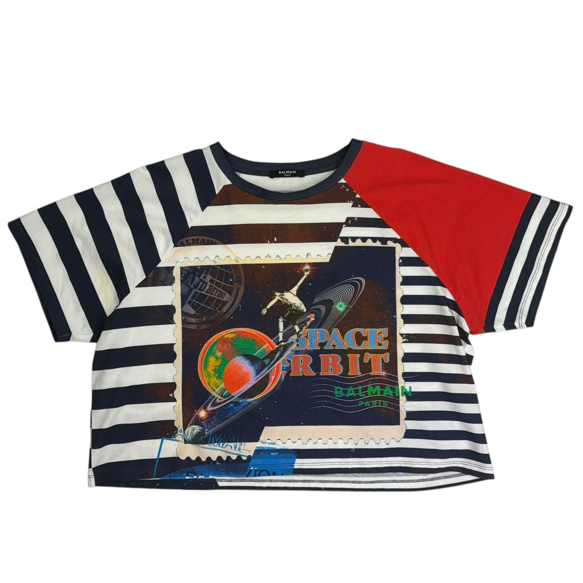 (W) Balmain Space Orbit Striped Cropped Tee Navy
