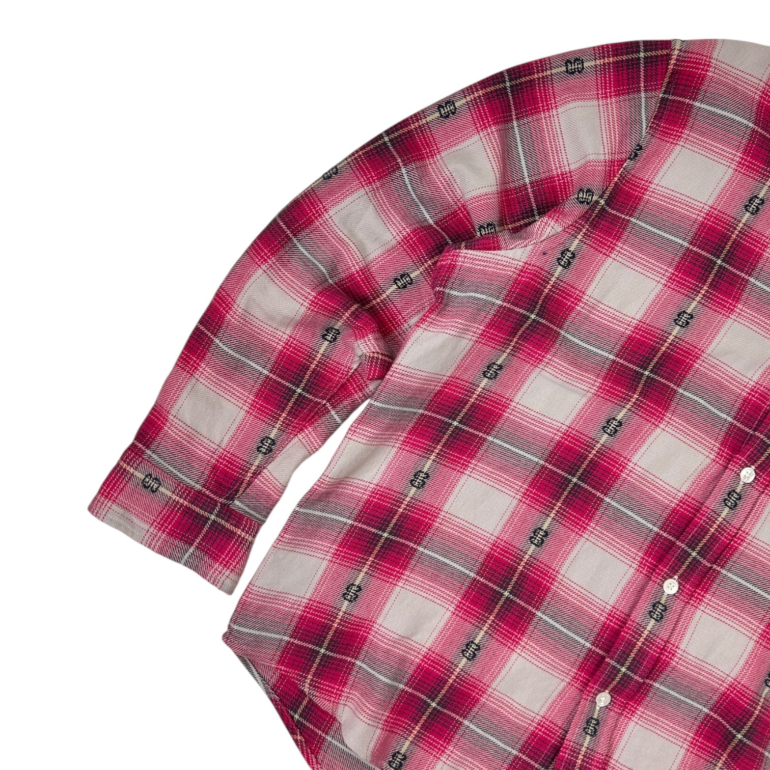 Stussy Motif Plaid Long Sleeve Button Up Flannel Shirt Pink/White