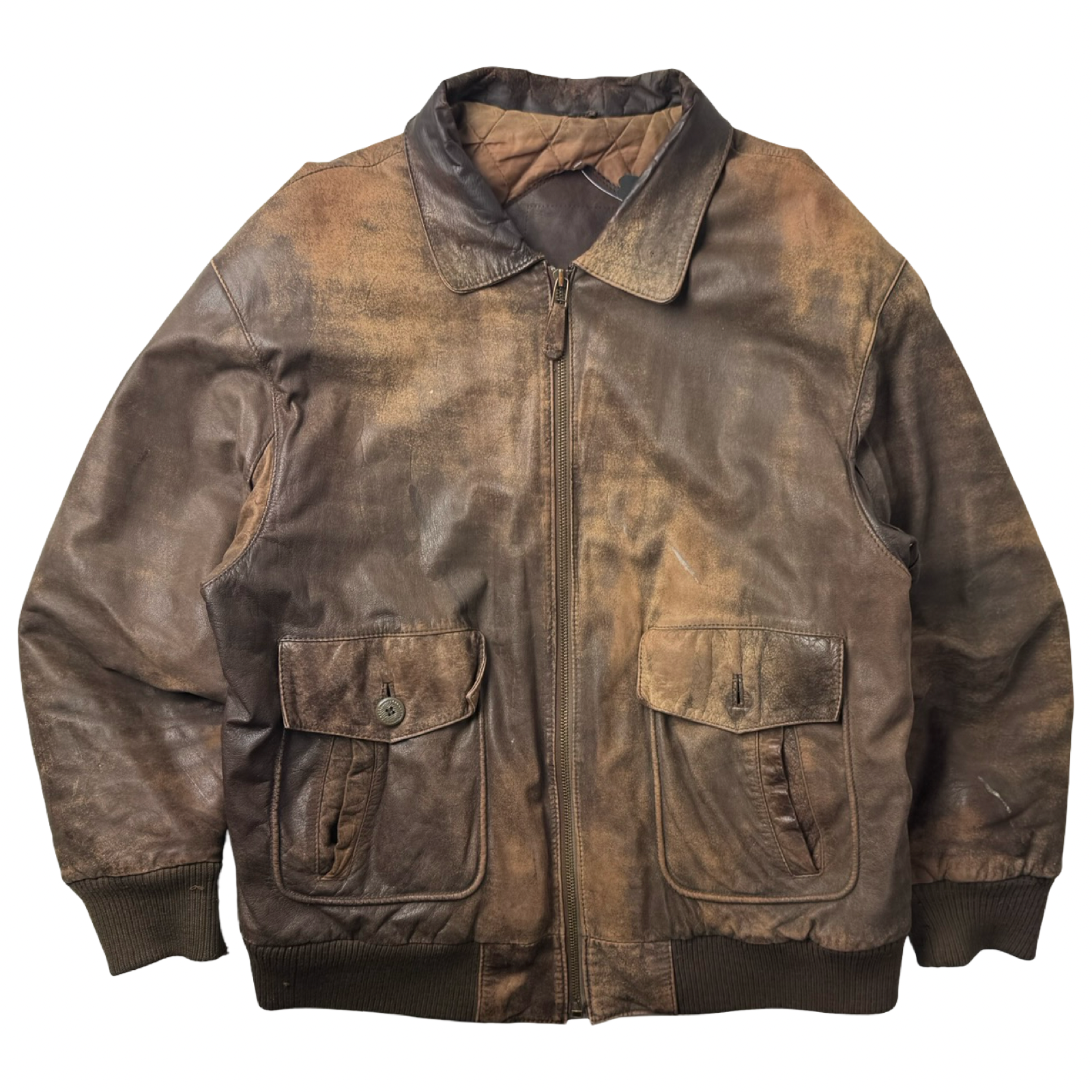 Vintage Faded Brown Quilt Lined Leather Bomber Jacket
