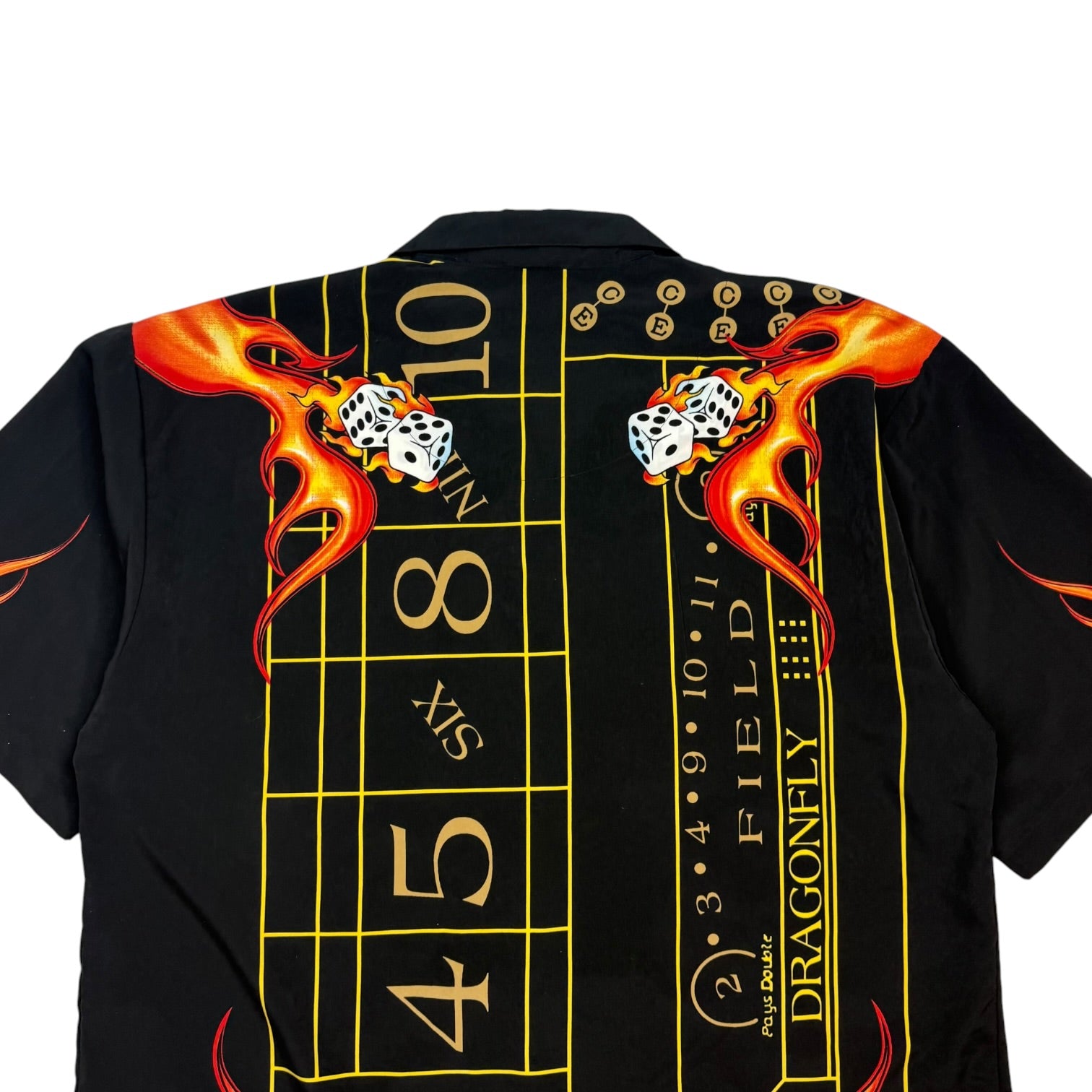 Vintage Dragonfly Roadhouse Flaming Craps Table Button Up Black