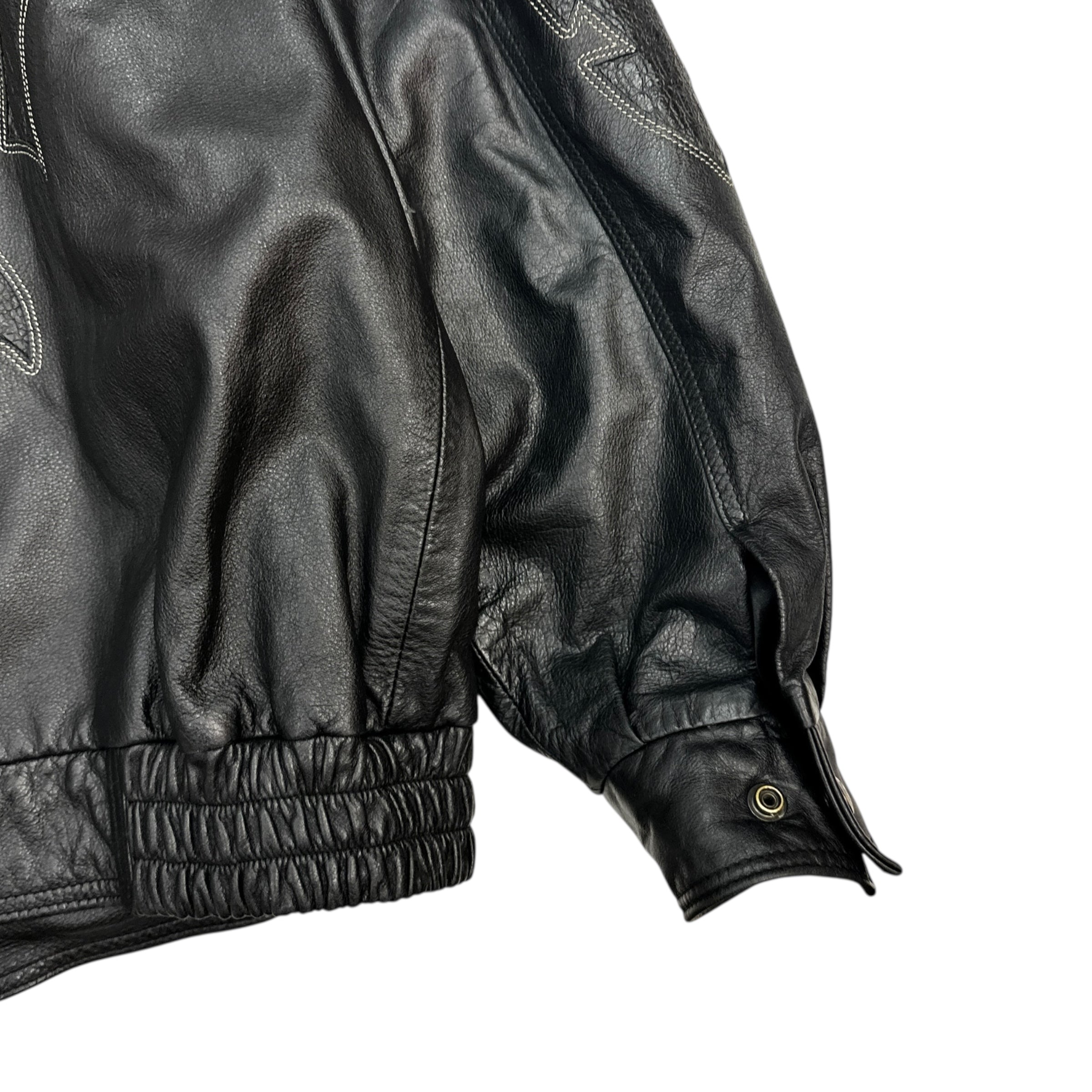 Vintage Leather Cowboy Pattern Bomber Jacket Black