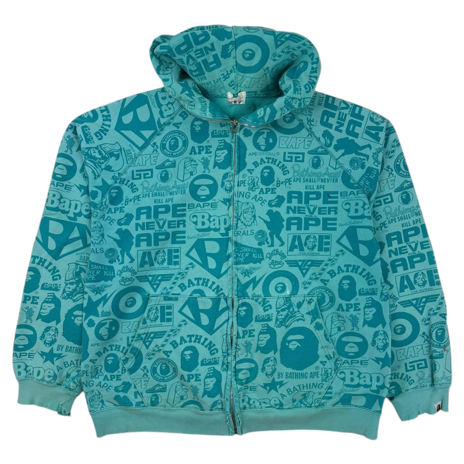 Bape Multi Logo Full Zip Up Hoodie Turquoise