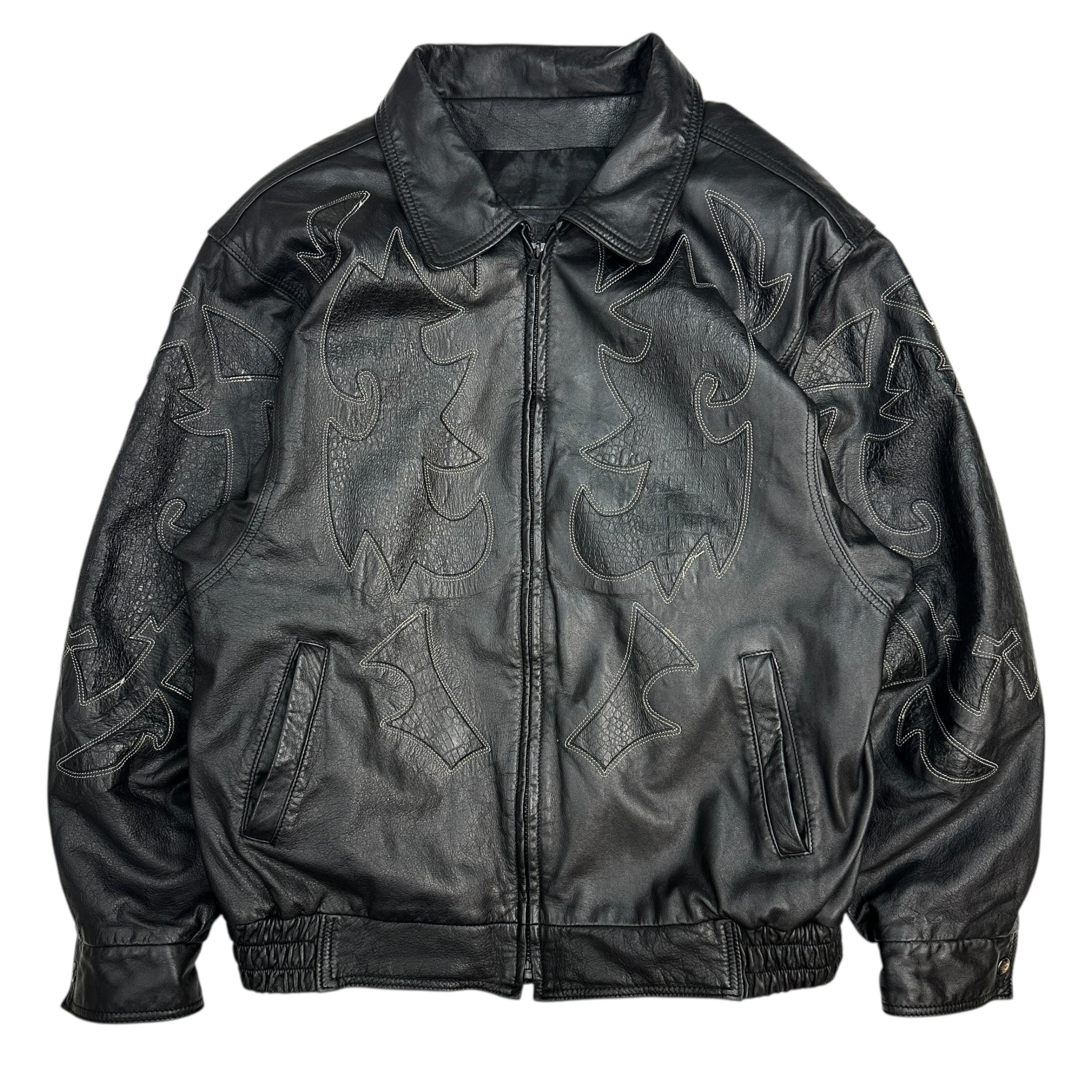 Vintage Leather Cowboy Pattern Bomber Jacket Black