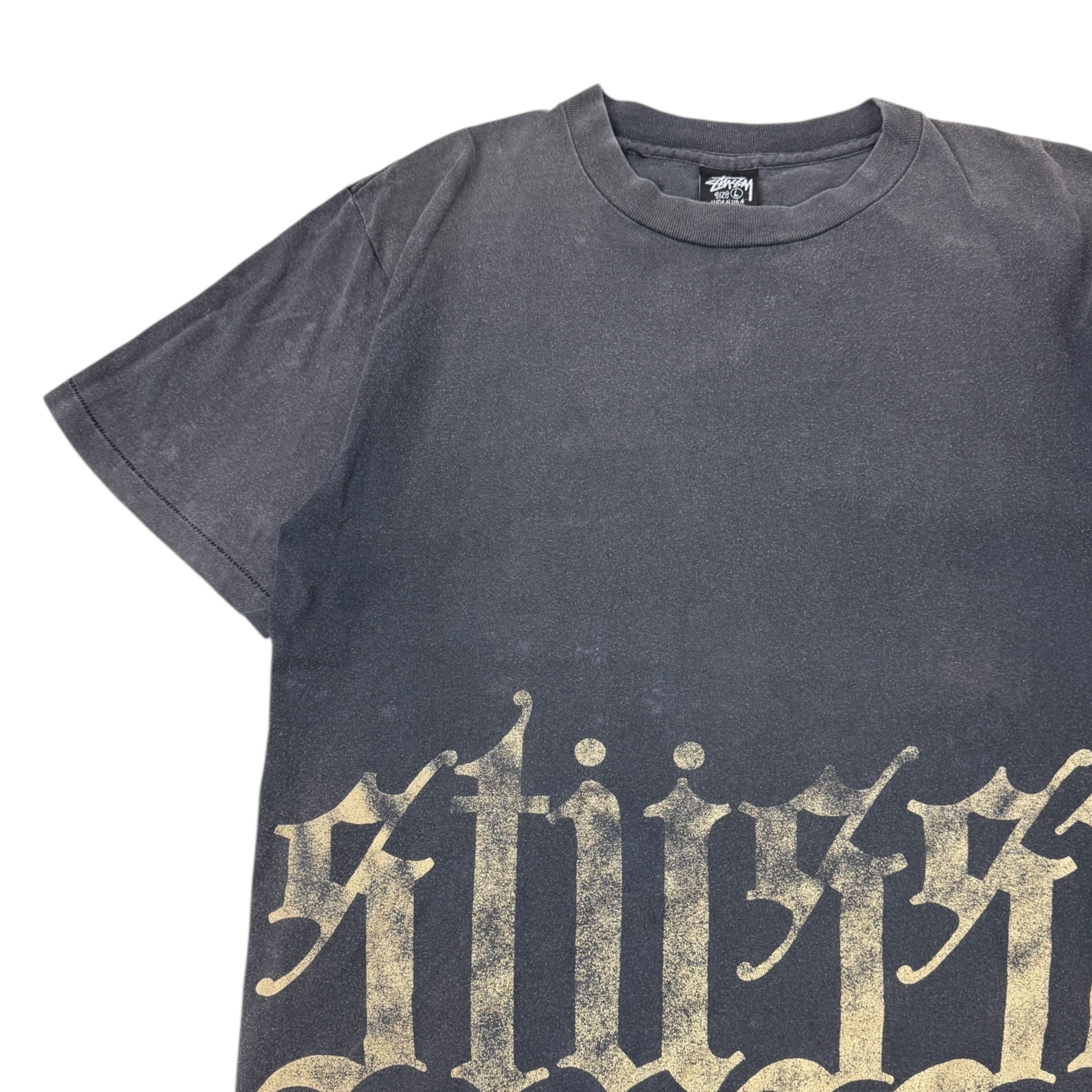 90s Stussy Gothic Logo Faded Black T-Shirt