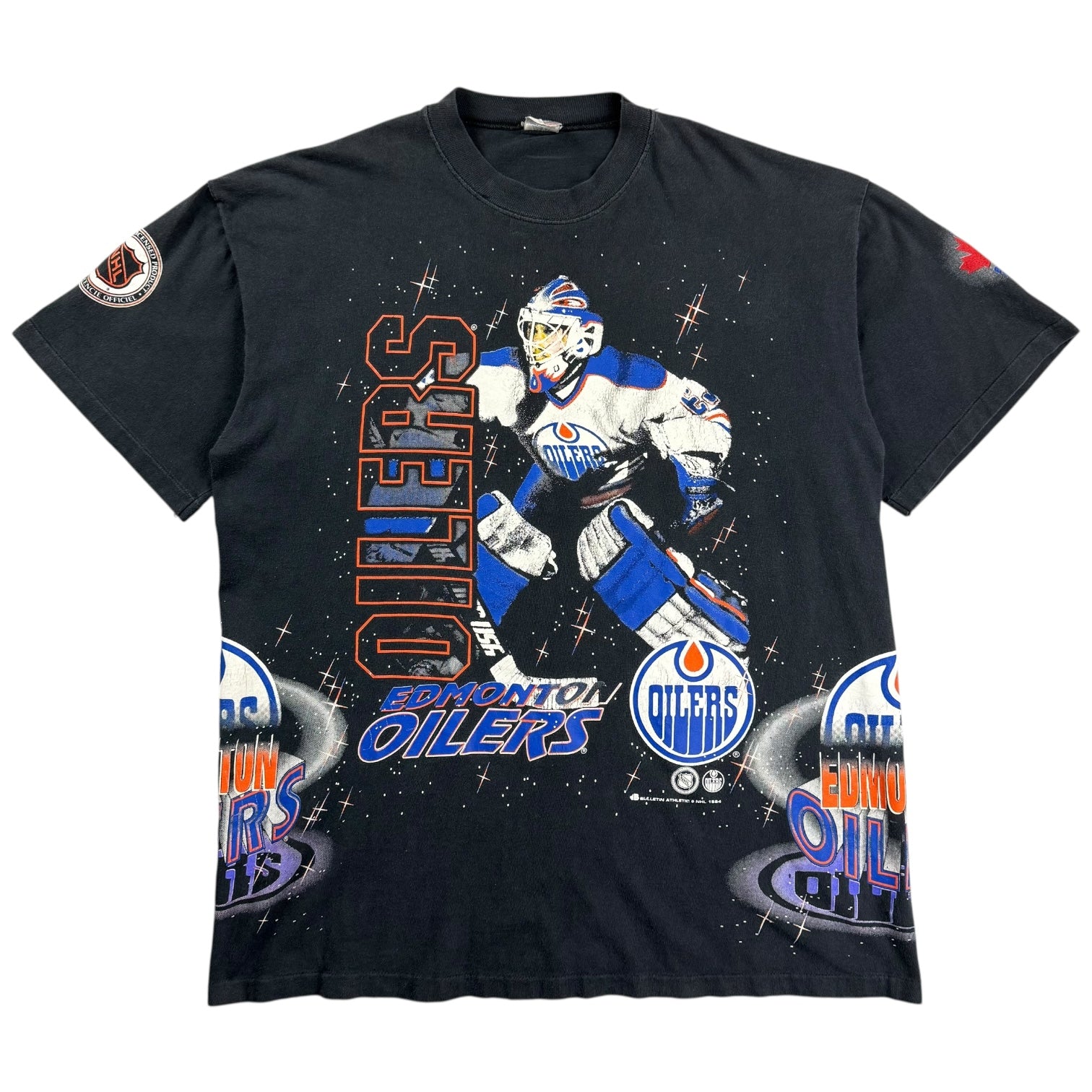 1994 Bulletin Athletics Edmonton Oilers AOP Goalie Tee Black