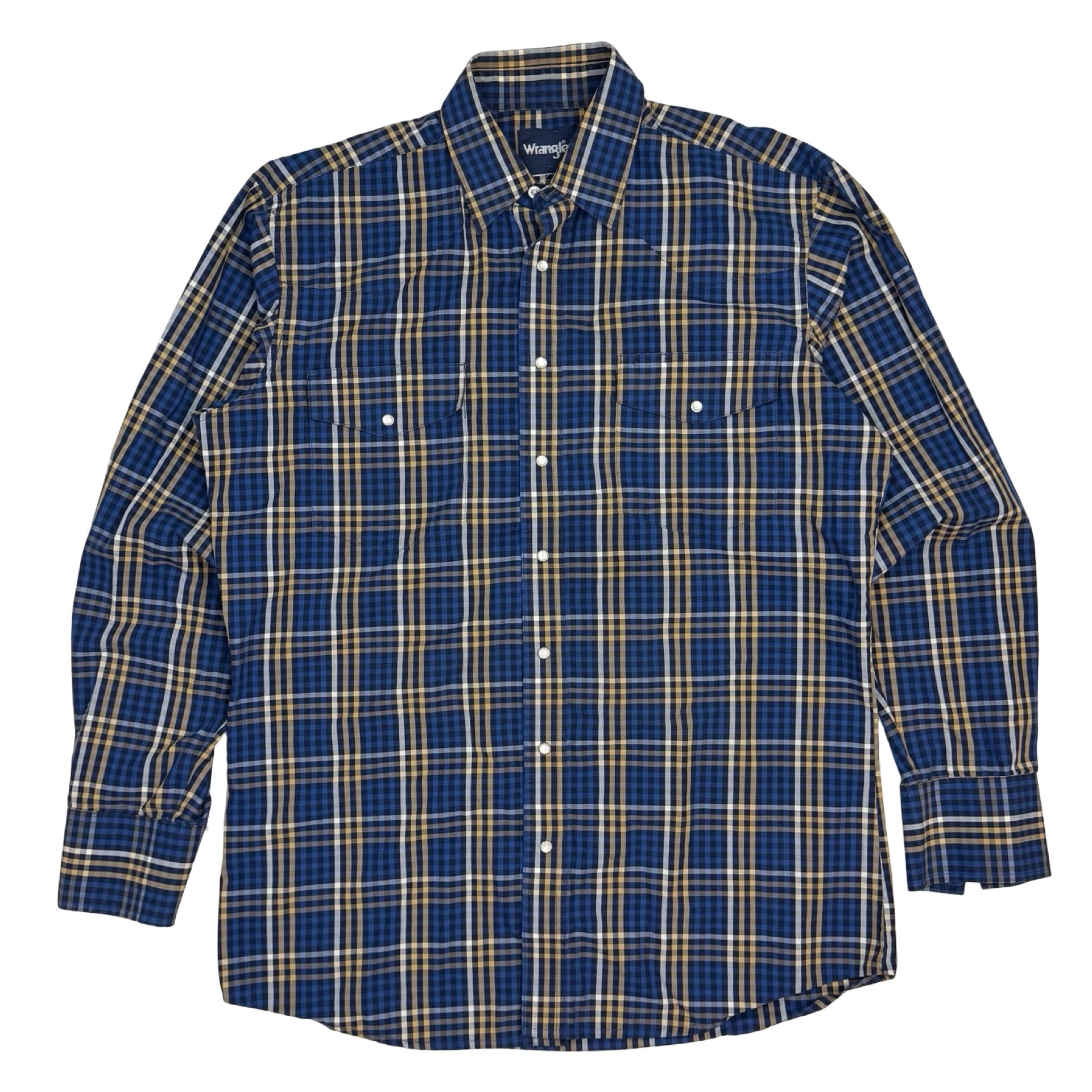 Vintage Wrangler Plaid Snap Button Up Flannel Shirt Blue/Yellow