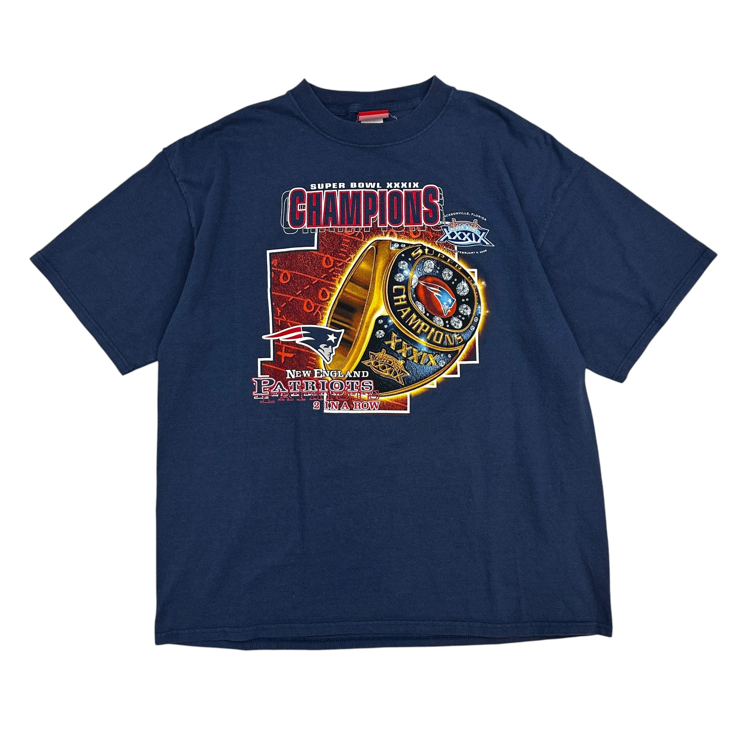 Vintage 2005 New England Patriots 2 In A Row Super Bowl Tee Navy