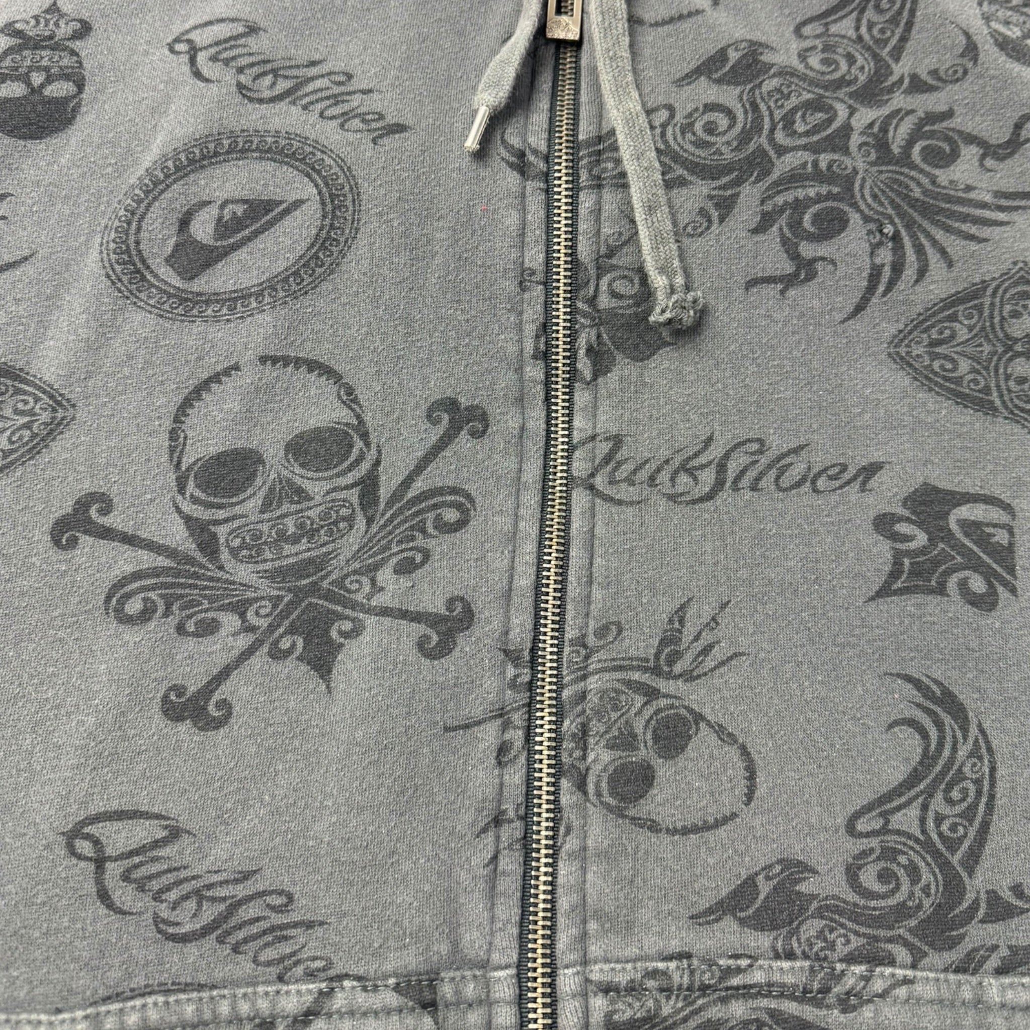 Vintage Y2K Quiksilver Tribal Surf Zip Up Hoodie Grey