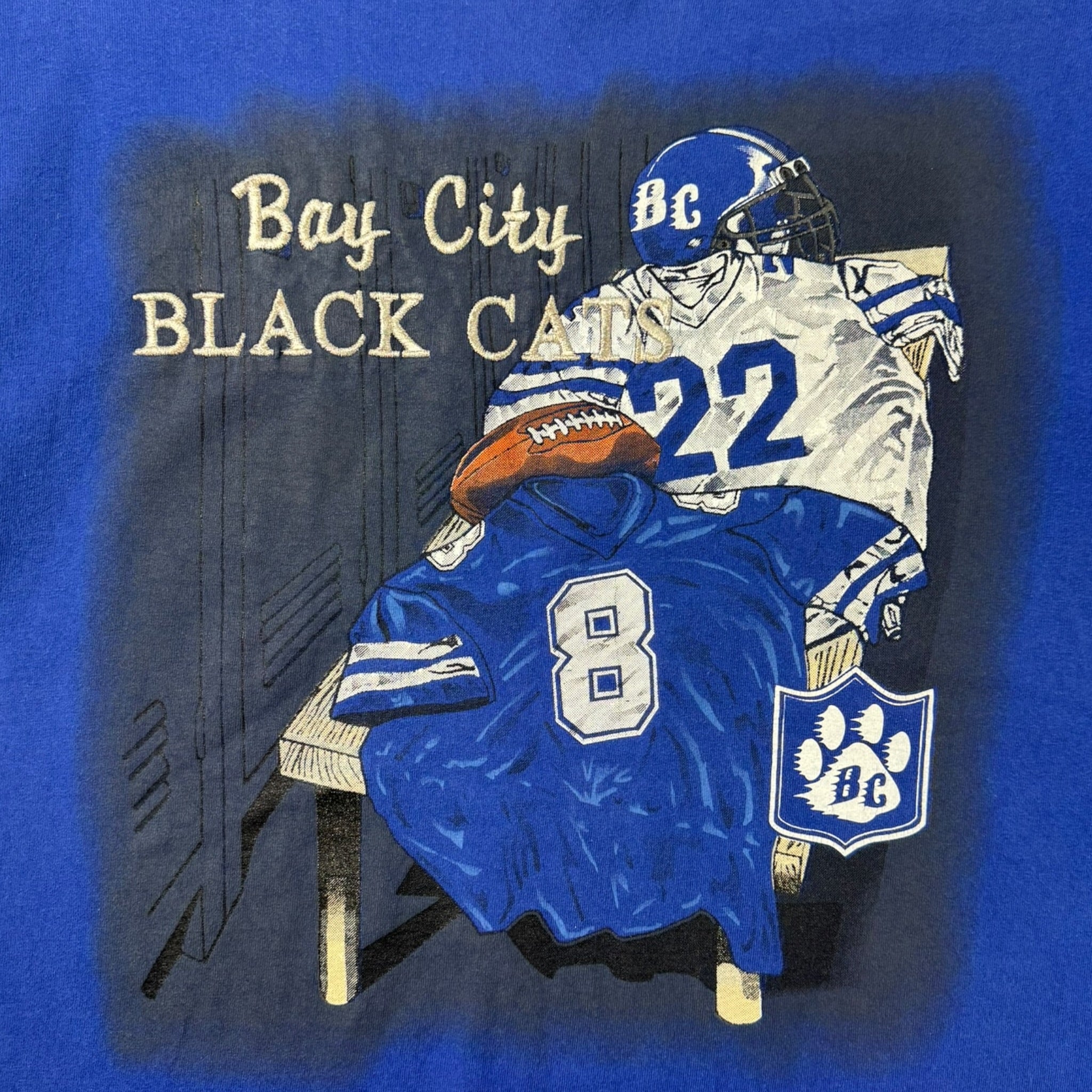 Vintage Bay City Black Cats Embroidered Spellout T-Shirt Blue