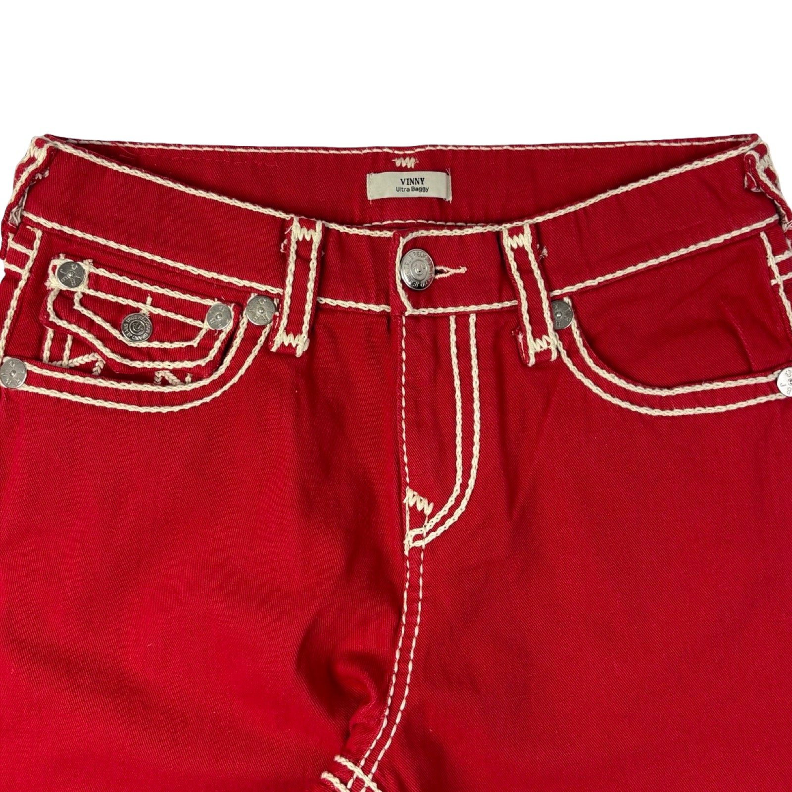 True Religion Vinny Ultra Baggy Denim Embroidered Bottoms Red