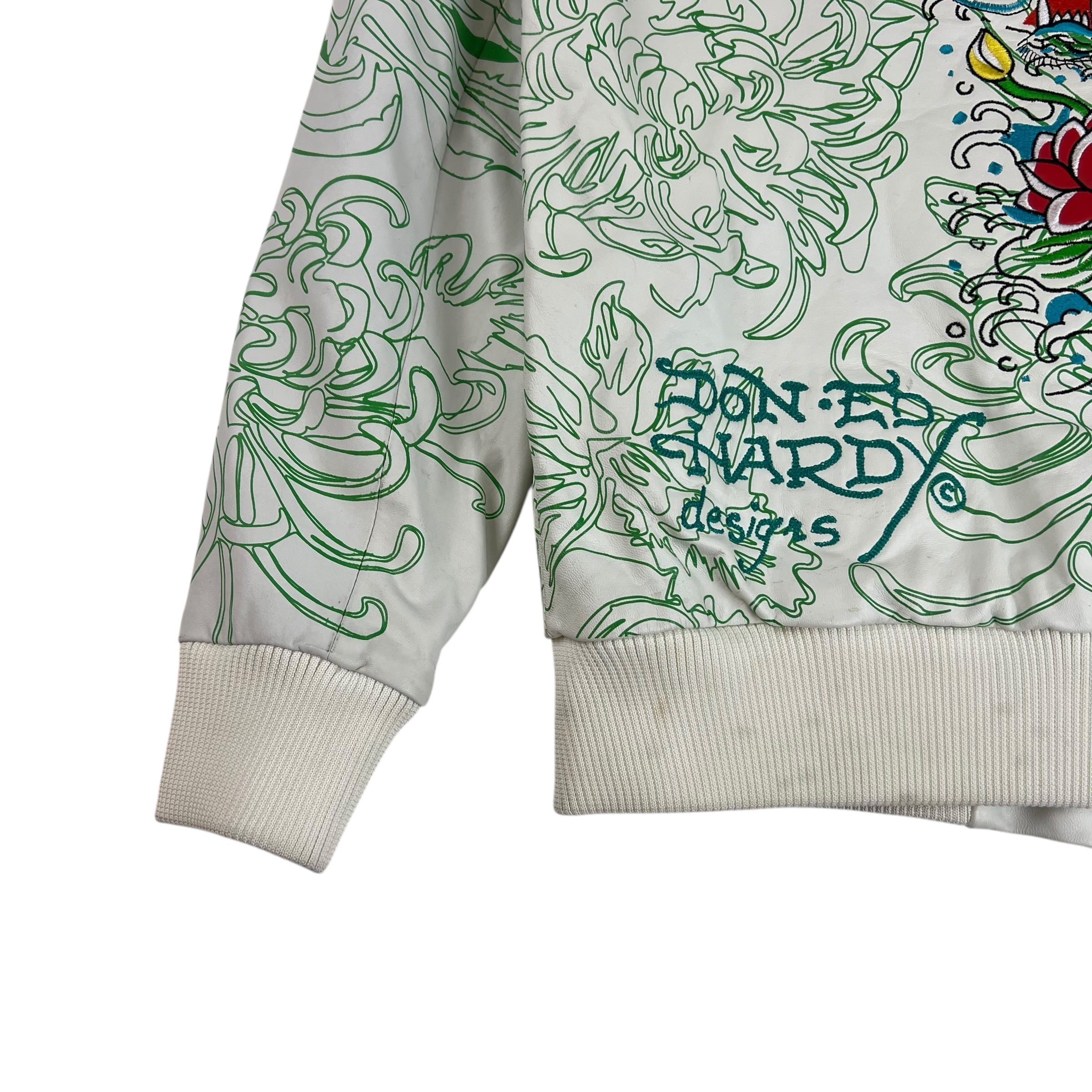 Vintage Y2K Ed Hardy Embroidered Hooded Leather Zip-Up White