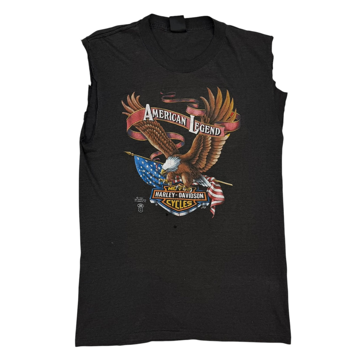 1987 Harley Davidson 3D Emblem American Legend Eagle Cutoff Tee Black