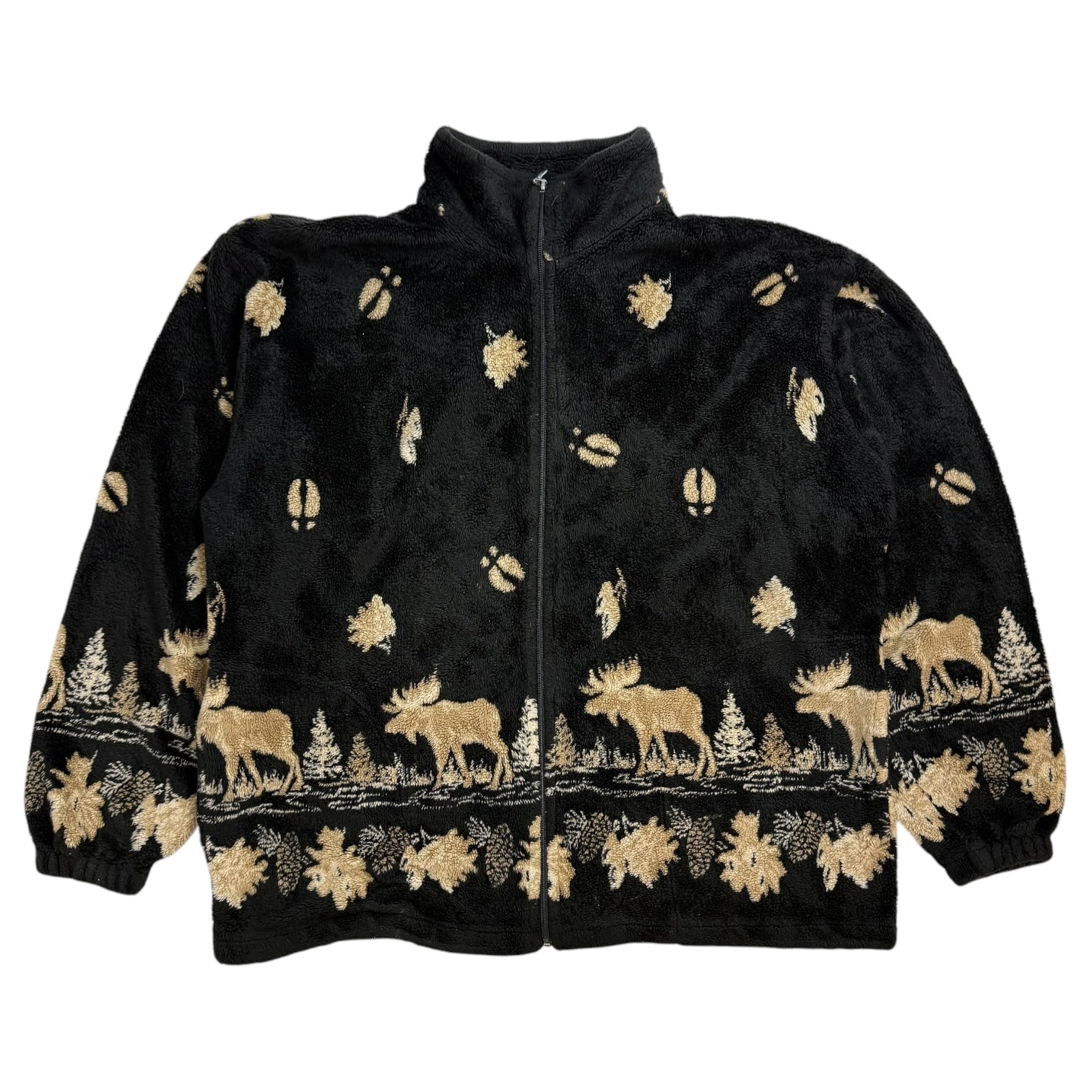 Vintage Moose Print Sherpa Zip Up Jacket