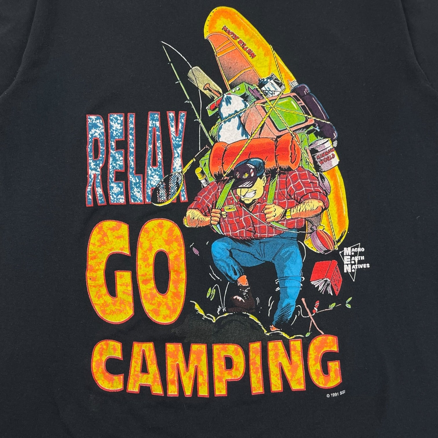1991 'Relax, Go Camping' Humor T-Shirt Faded Black