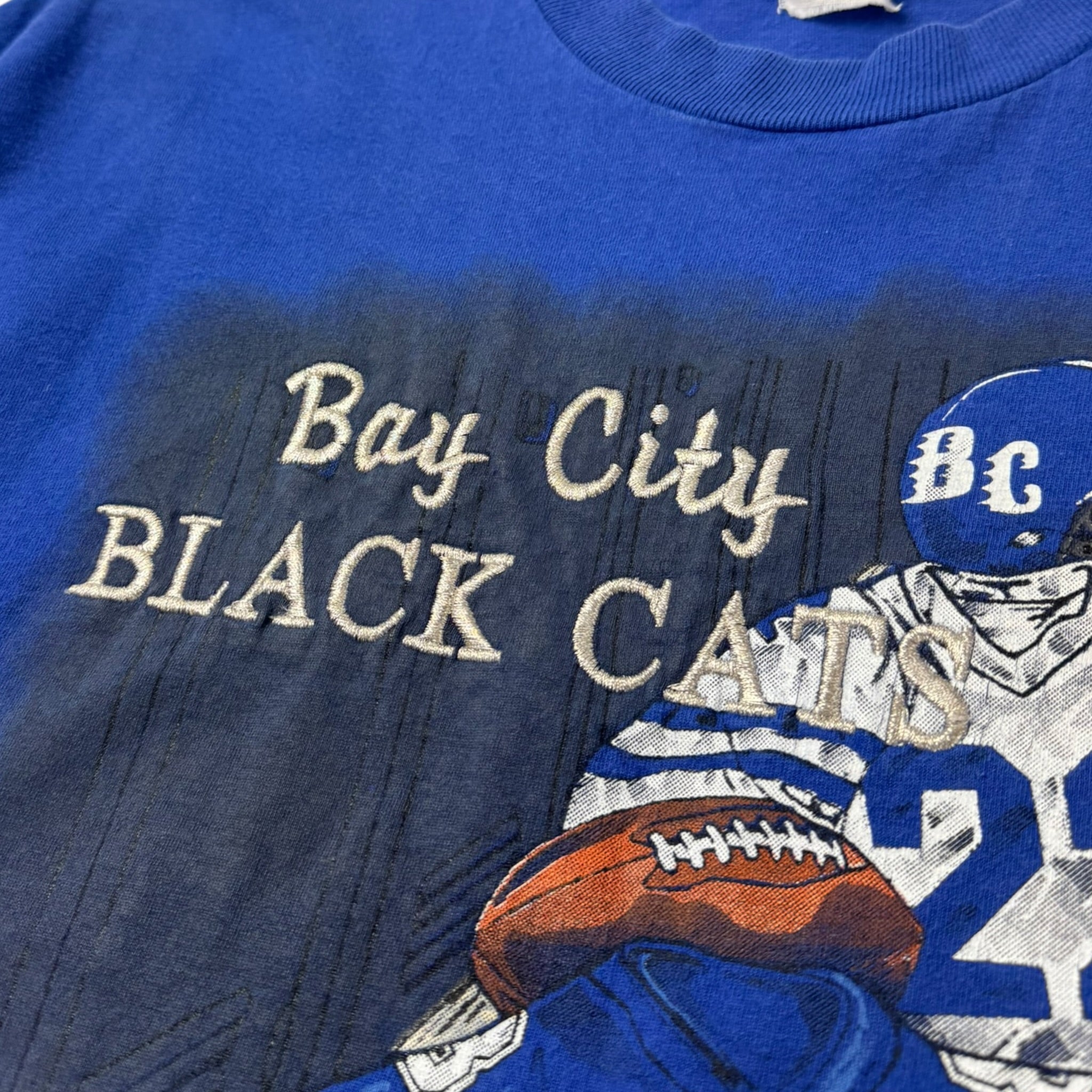 Vintage Bay City Black Cats Embroidered Spellout T-Shirt Blue