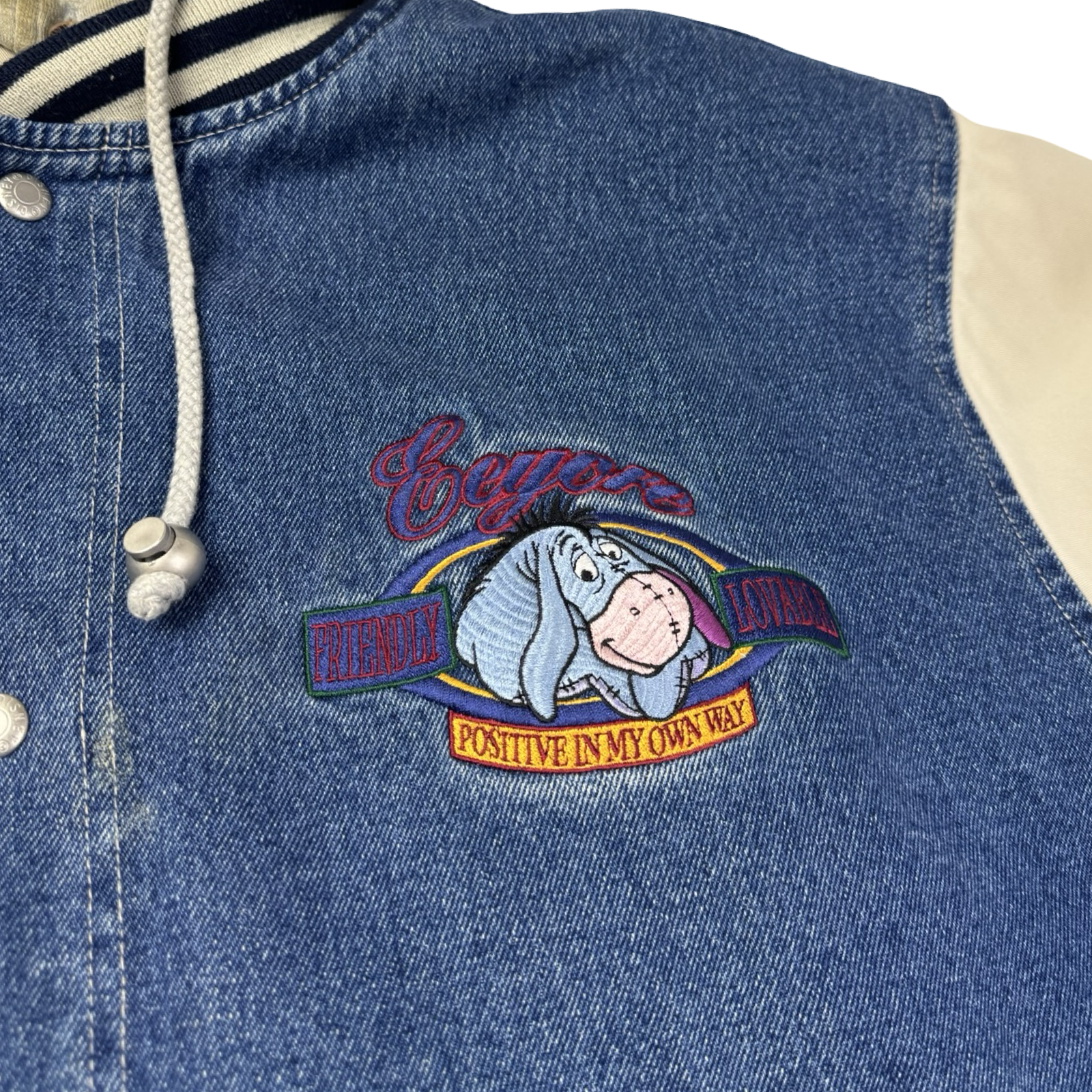 Vintage Eeyore ‘Positive In My Own Way’ Hooded Denim Varsity