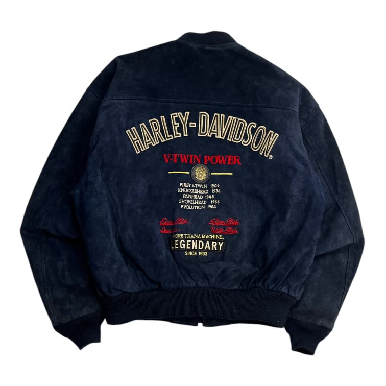 Vintage Harley Davidson Suede Bomber Jacket Navy