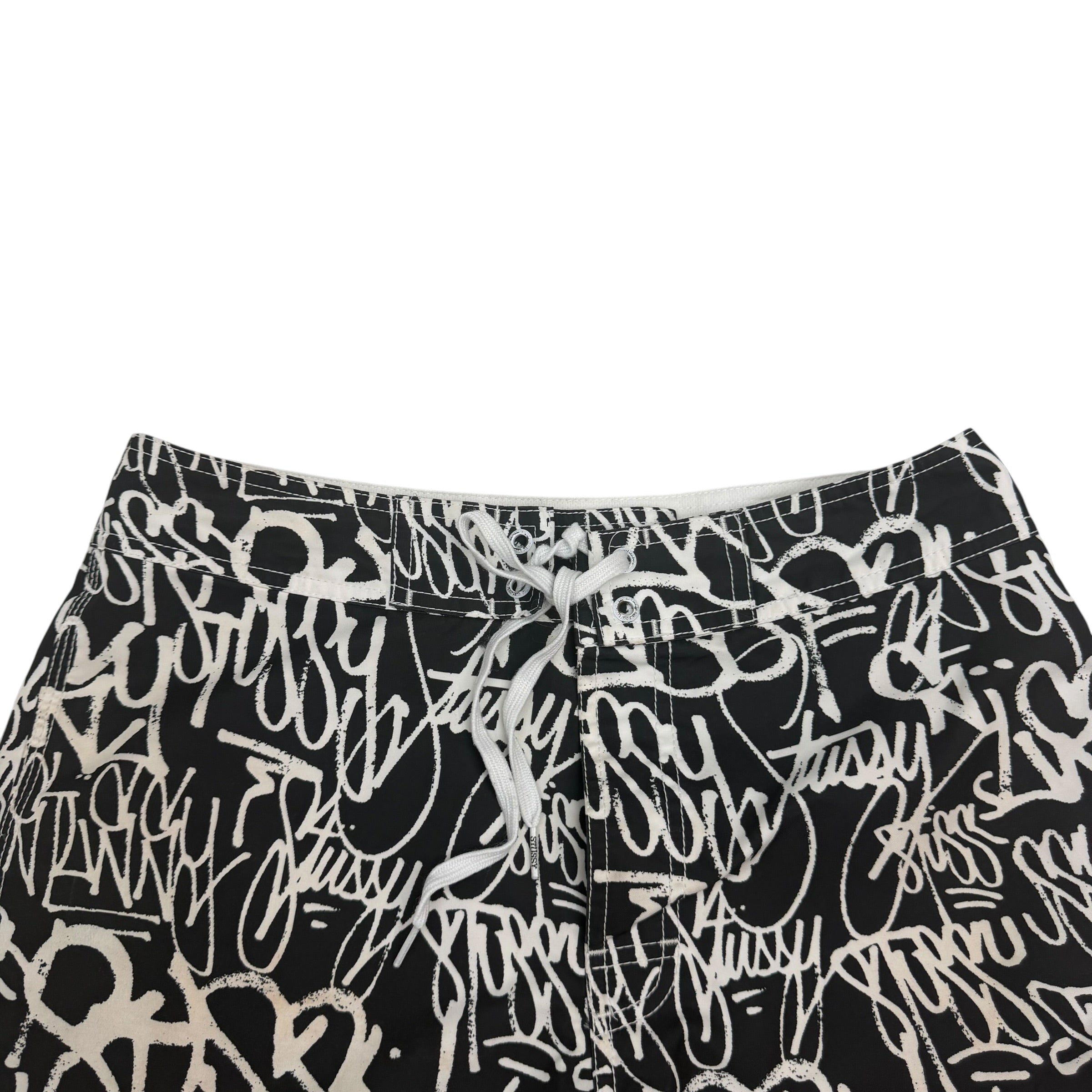Vintage Stussy Graffiti Swim Shorts Black/White