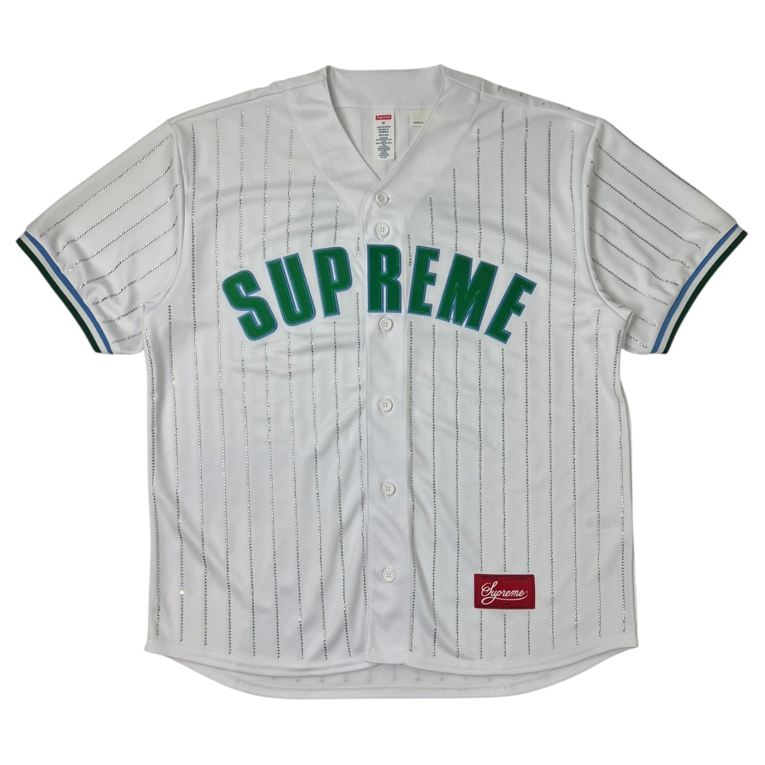 Supreme Rhinestone Stripe Baseball Jersey White