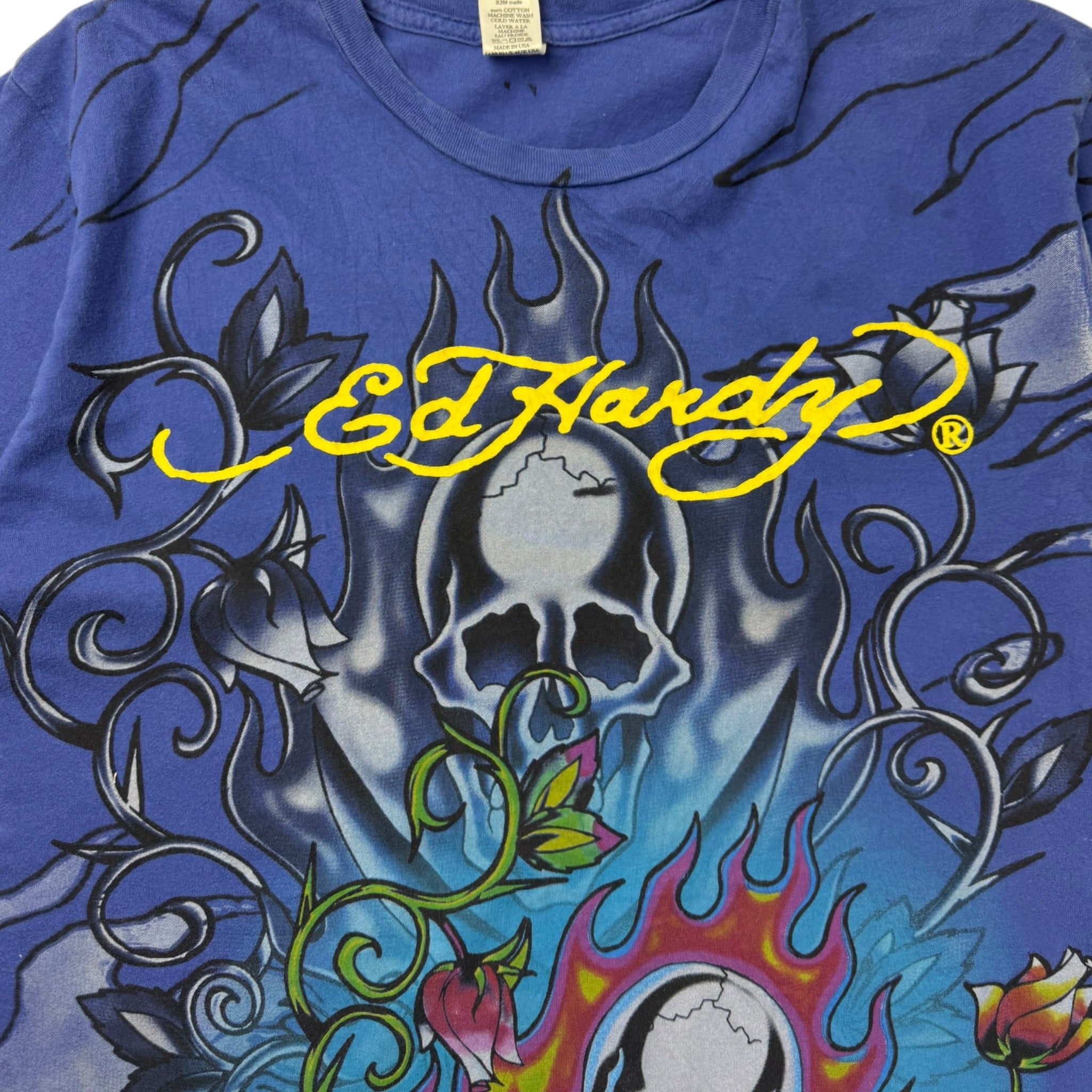 Vintage Ed Hardy Cyber Skulls T-Shirt Blue