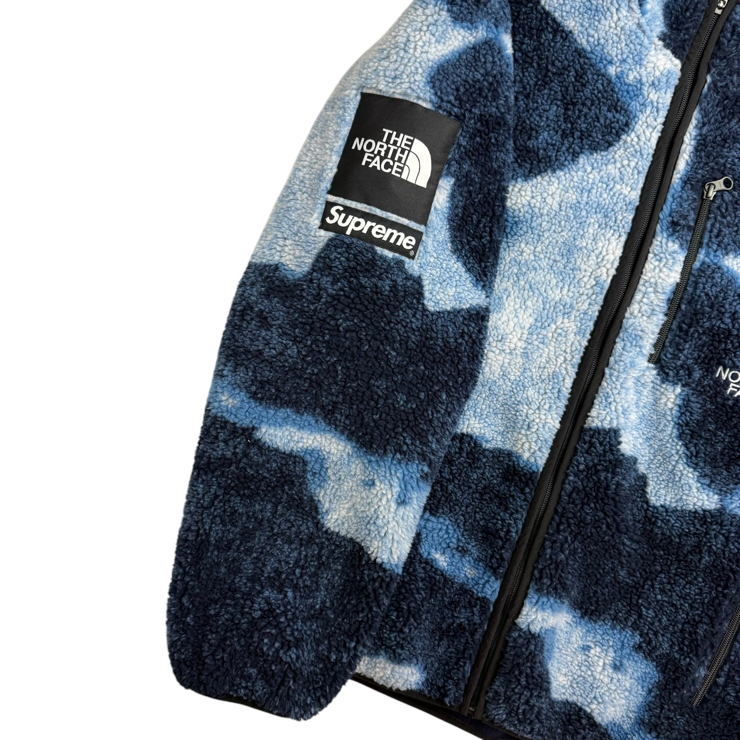 Supreme x North Face Bleached Denim Print Fleece Jacket Indigo