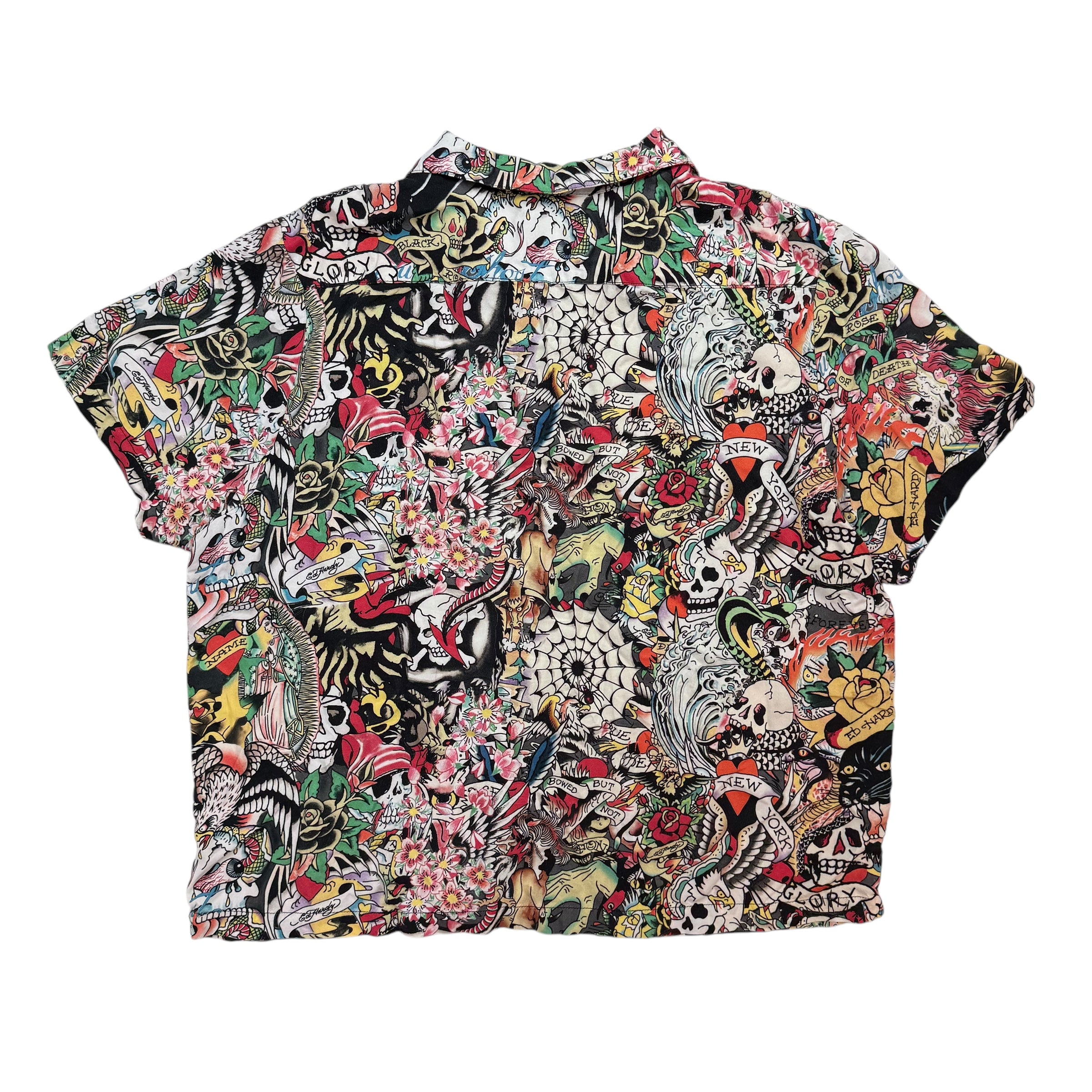 Vintage Y2K Ed Hardy Tattoo Collage Button Up Shirt