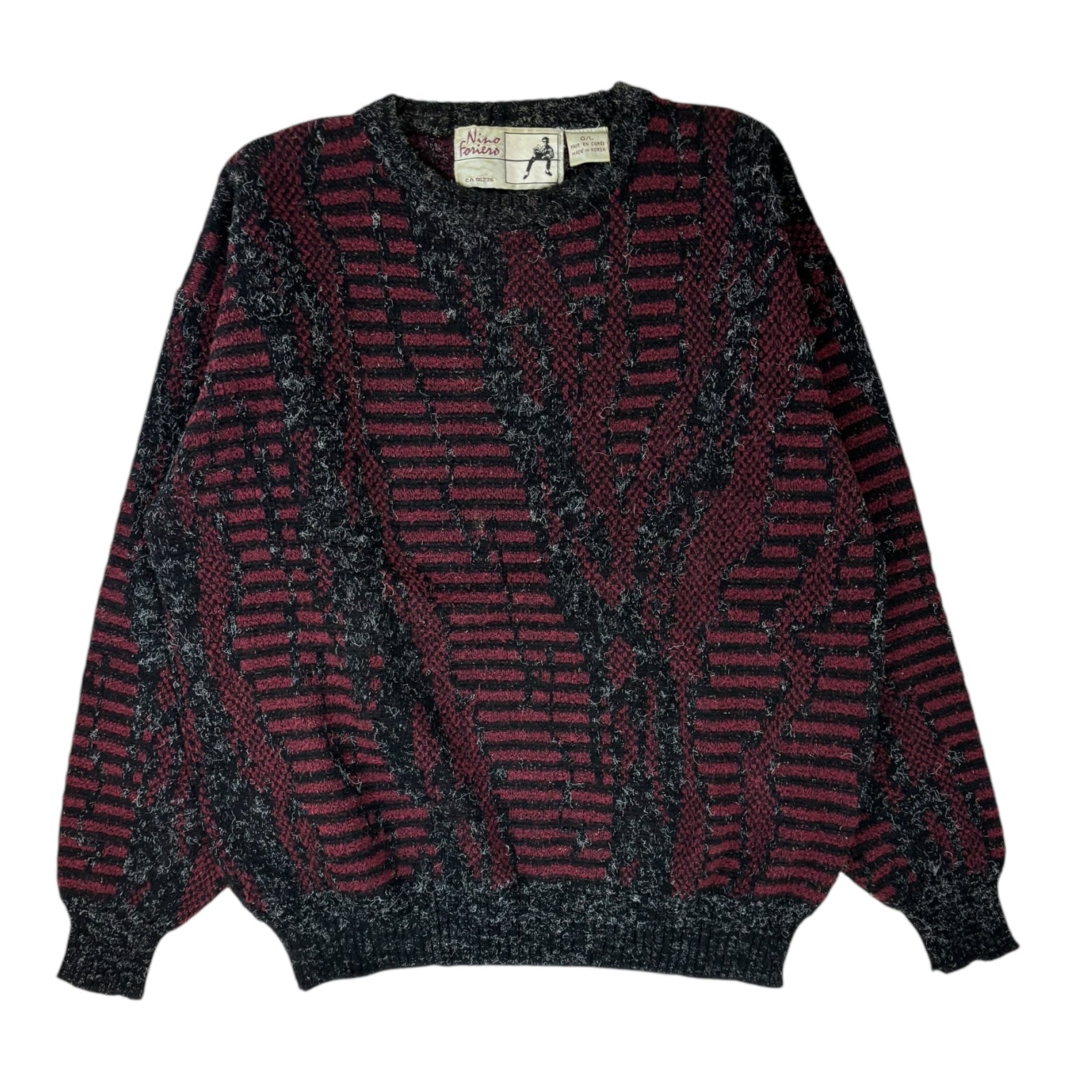 Vintage Nino Foriero Abstract Patterned Knit Sweater Grey/Burgundy