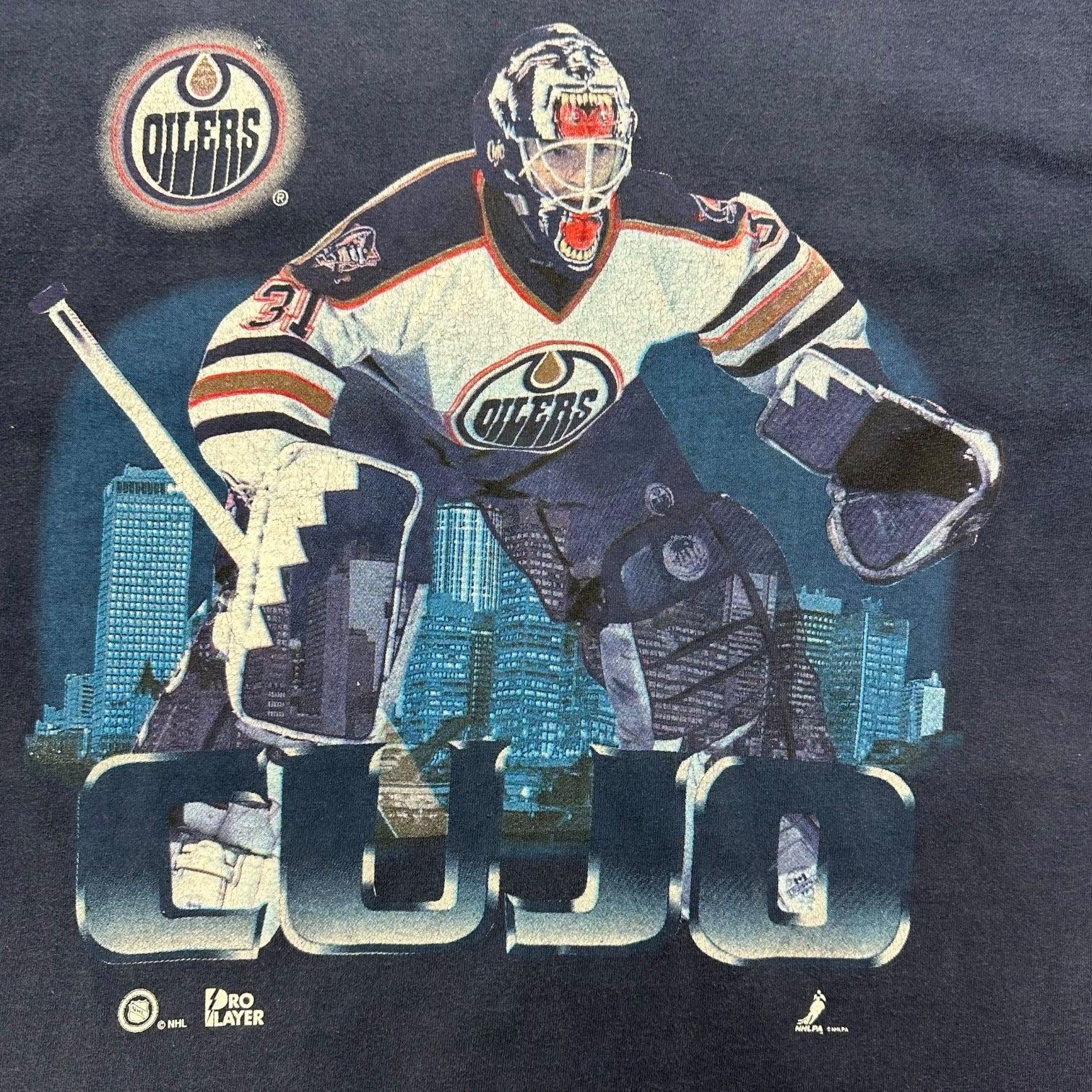 Vintage Pro Player Edmonton Oilers Curtis Joseph ‘CUJO’ Goalie Tee Navy Blue