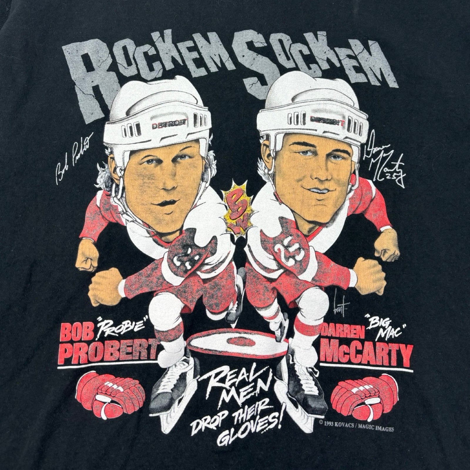 1993 NHL Detroit Red Wings Probert & McCarthy “Rock Em Sock Em” T-Shirt Black