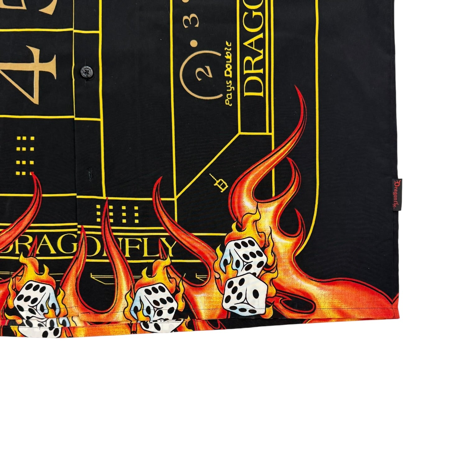 Vintage Dragonfly Roadhouse Flaming Craps Table Button Up Black