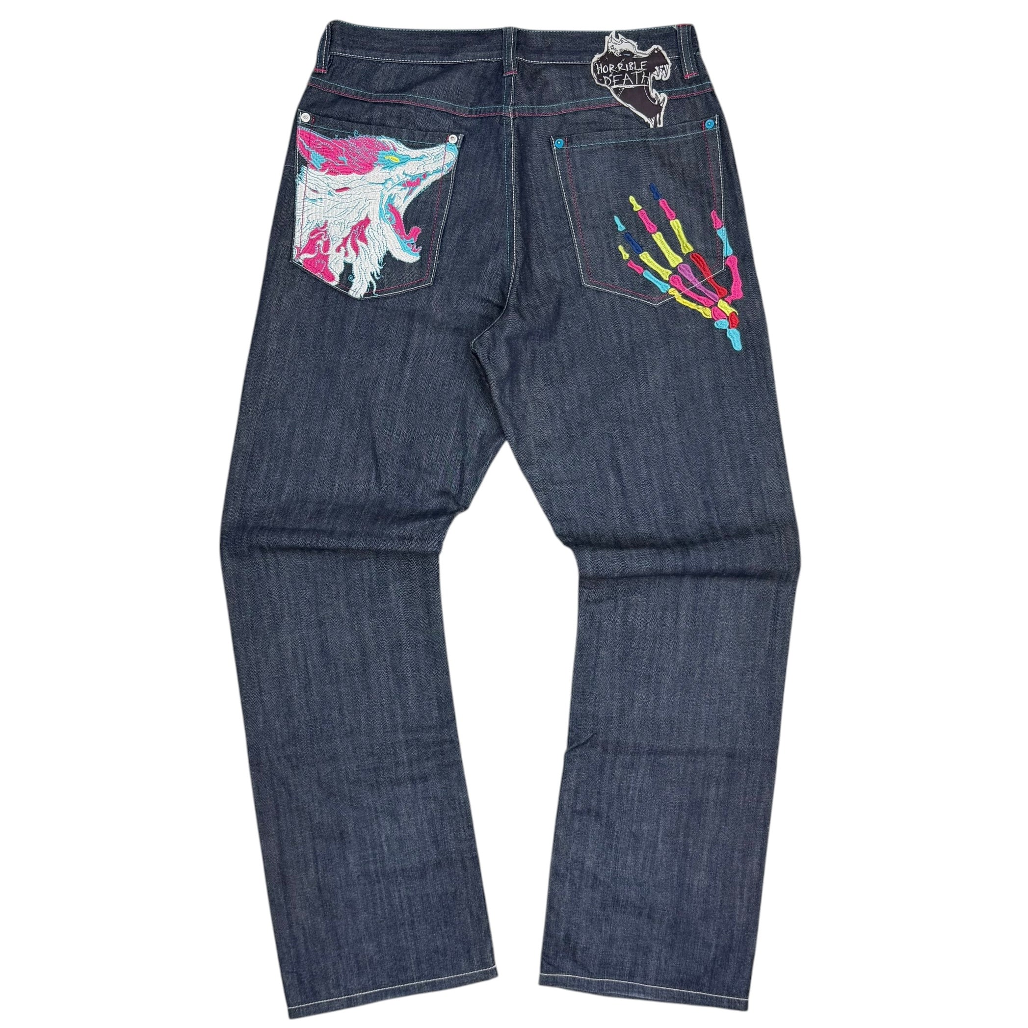 Vintage Artful Dodger “Horrible Death” Embroidered Raw Denim Jeans Indigo