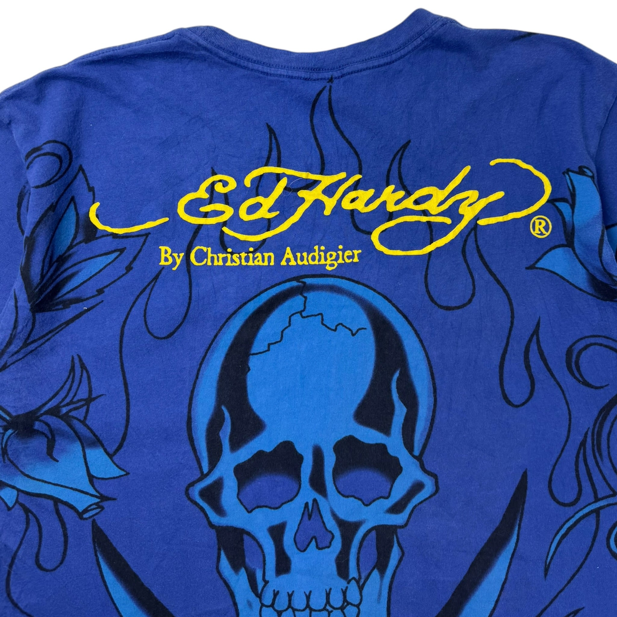 Vintage Ed Hardy Cyber Skulls T-Shirt Blue