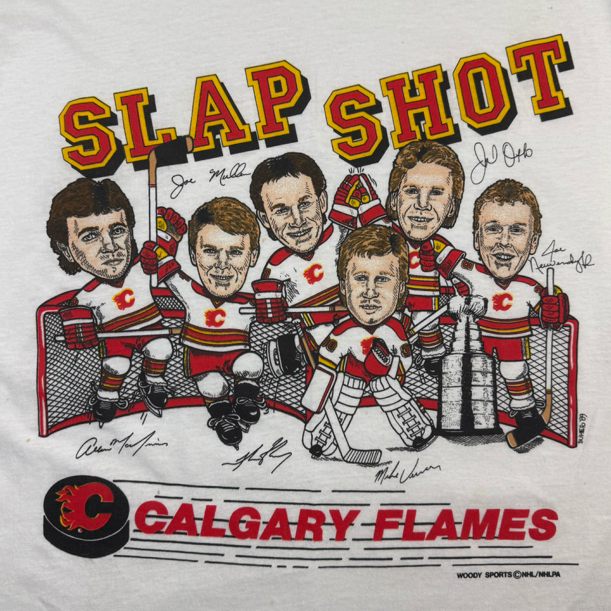 1989 Calgary Flames Slap Shot Cartoon T-Shirt White