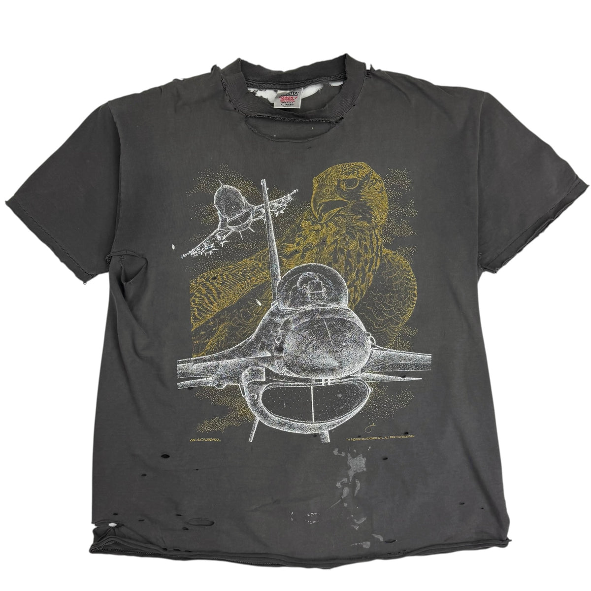 1990 Blackbird F-16 Fighting Falcon Thrashed Tee Faded Grey