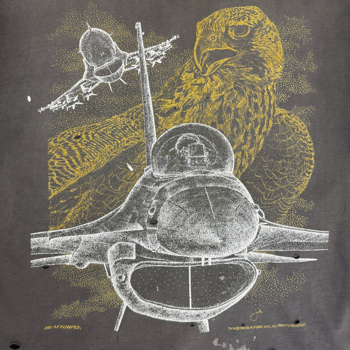 1990 Blackbird F-16 Fighting Falcon Thrashed Tee Faded Grey