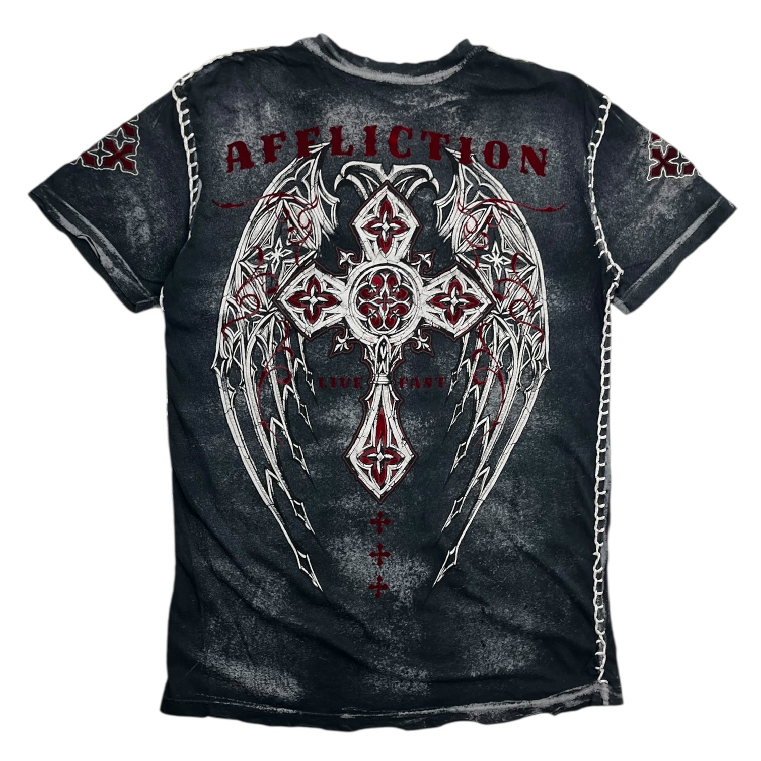 Vintage Y2K Affliction Wings Knitted Hem Tee Washed Black