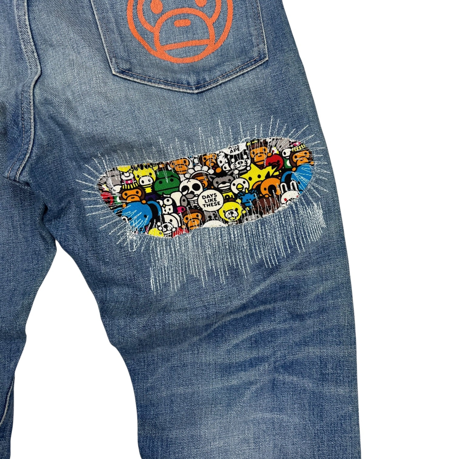 A Bathing Ape Milo Animal Safari Damaged Denim Pants Medium Wash
