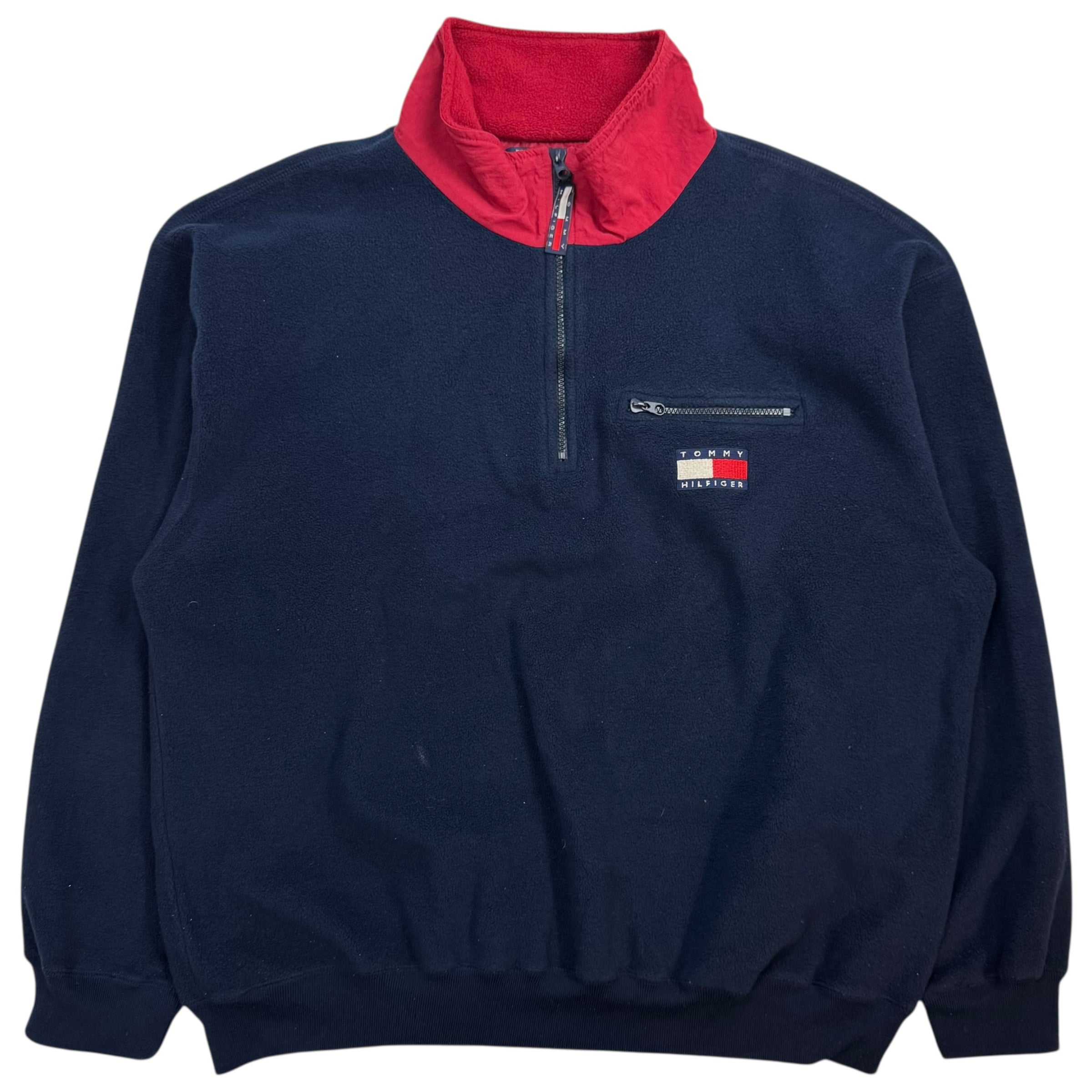 Vintage Tommy Hilfiger Quarter Zip Thermal Fleece Navy Blue Red