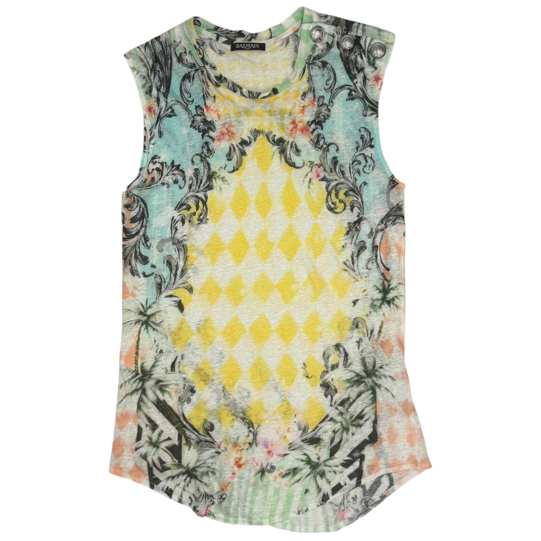 (W) Balmain Floral Print Button Detail Linen Tank Top Yellow/Blue