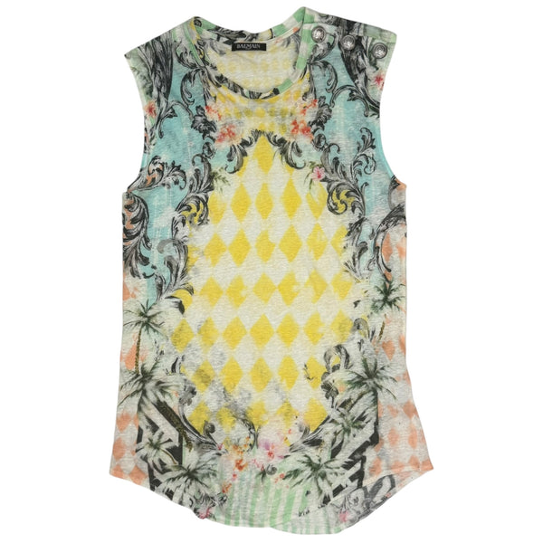 (W) Balmain Floral Print Button Detail Linen Tank Top Yellow/Blue