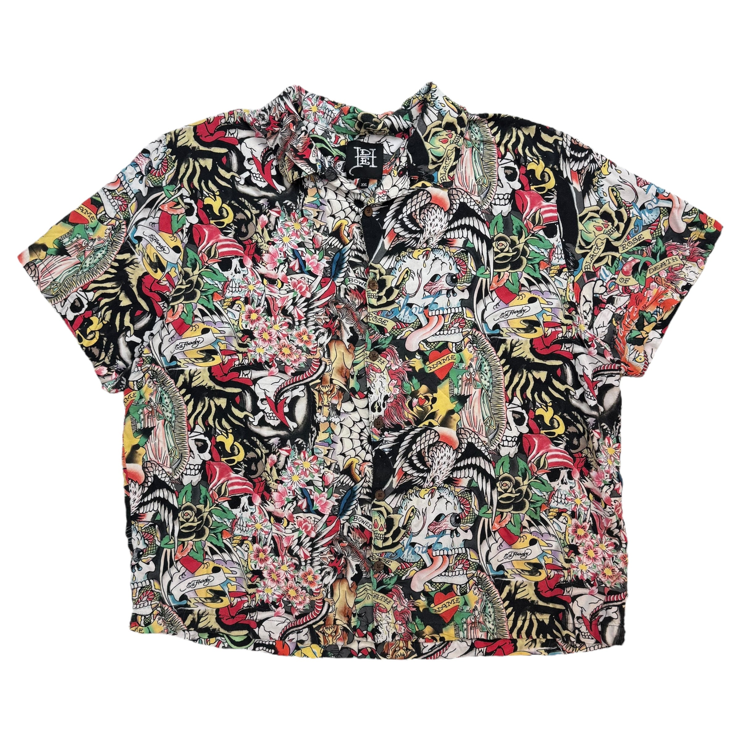 Vintage Y2K Ed Hardy Tattoo Collage Button Up Shirt