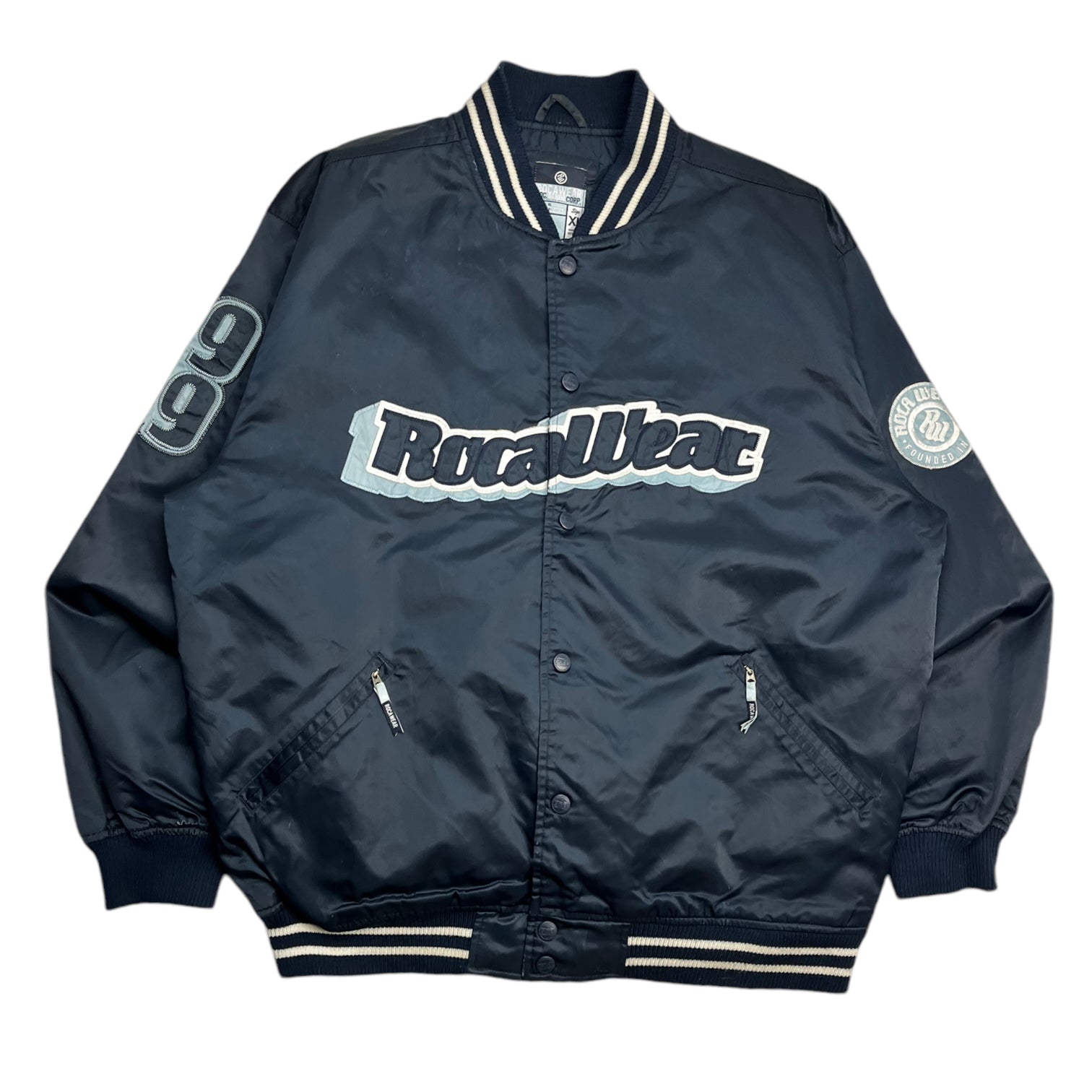 Vintage Y2K Rocawear Spellout Satin Jacket Navy