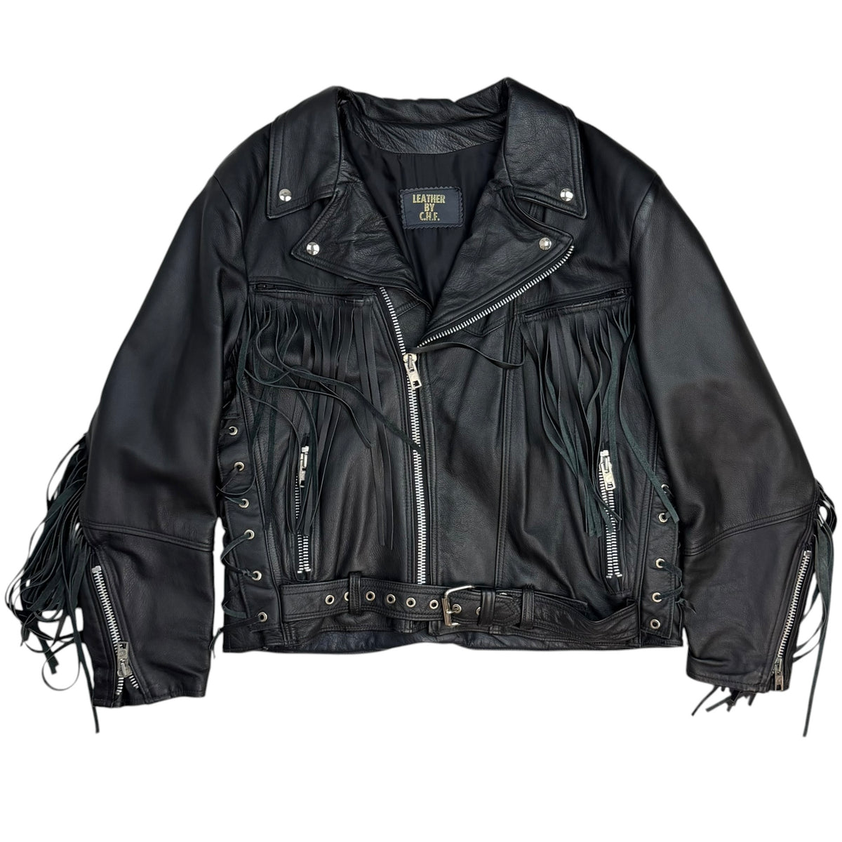 Vintage Leather Fringe Detail Motorcycle Jacket Black