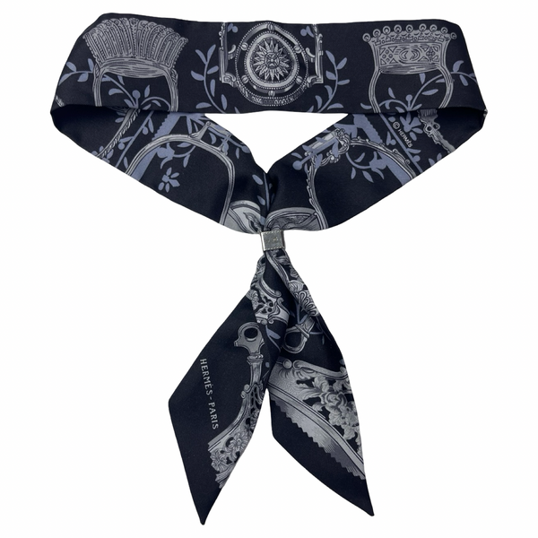 (W) Hermes Black/Blue Silk Etriers Remix Twilly