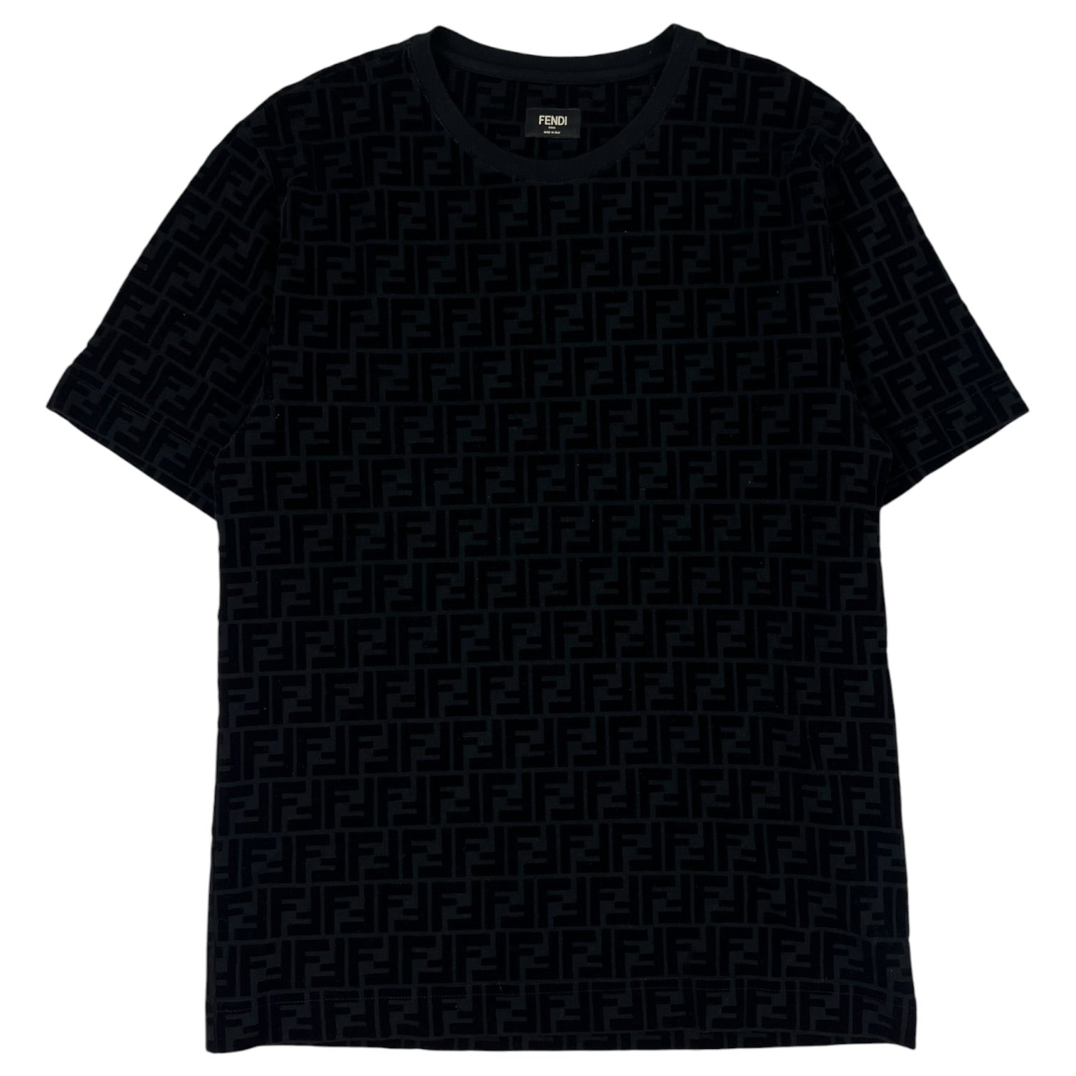 Fendi Short-Sleeve Crewneck T-Shirt Flocked FF Monogram Pattern Black