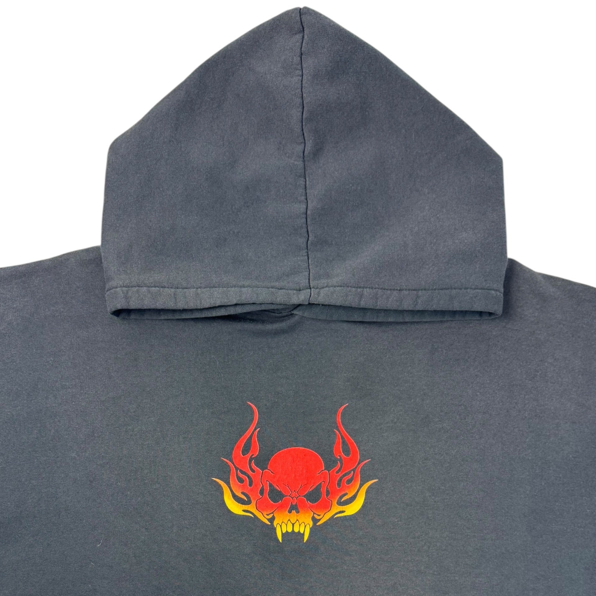 Vintage Y2K Flame Skull Hoodie Faded Black