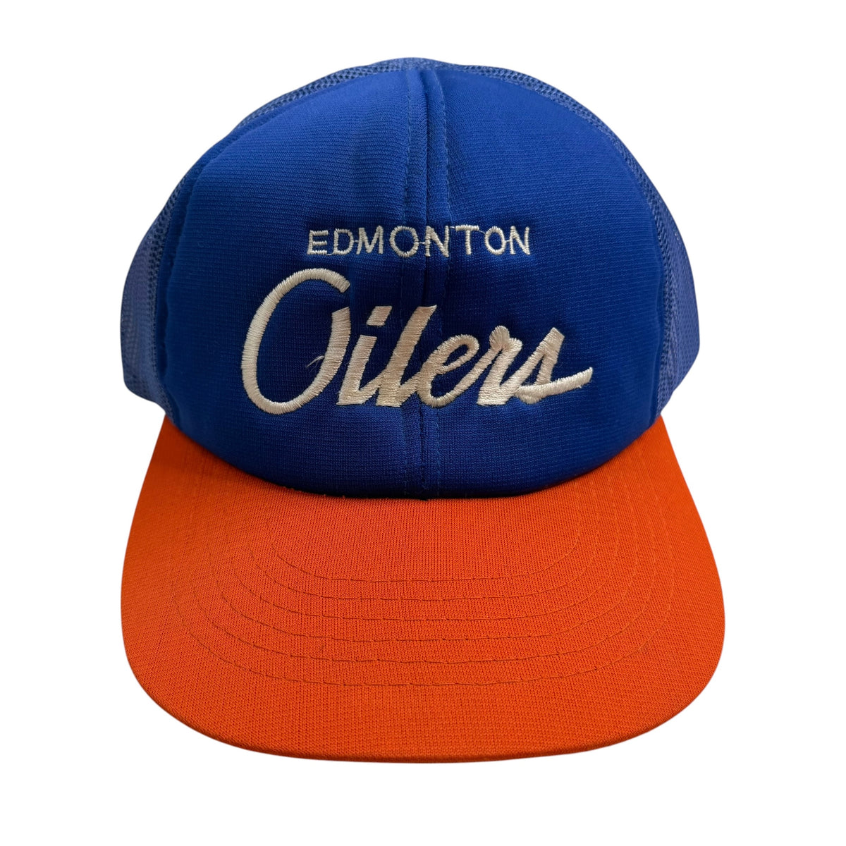 Vintage Edmonton Oilers Script Trucker Snapback Blue/Orange