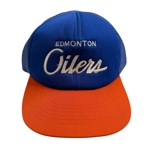 Vintage Edmonton Oilers Script Trucker Snapback Blue/Orange