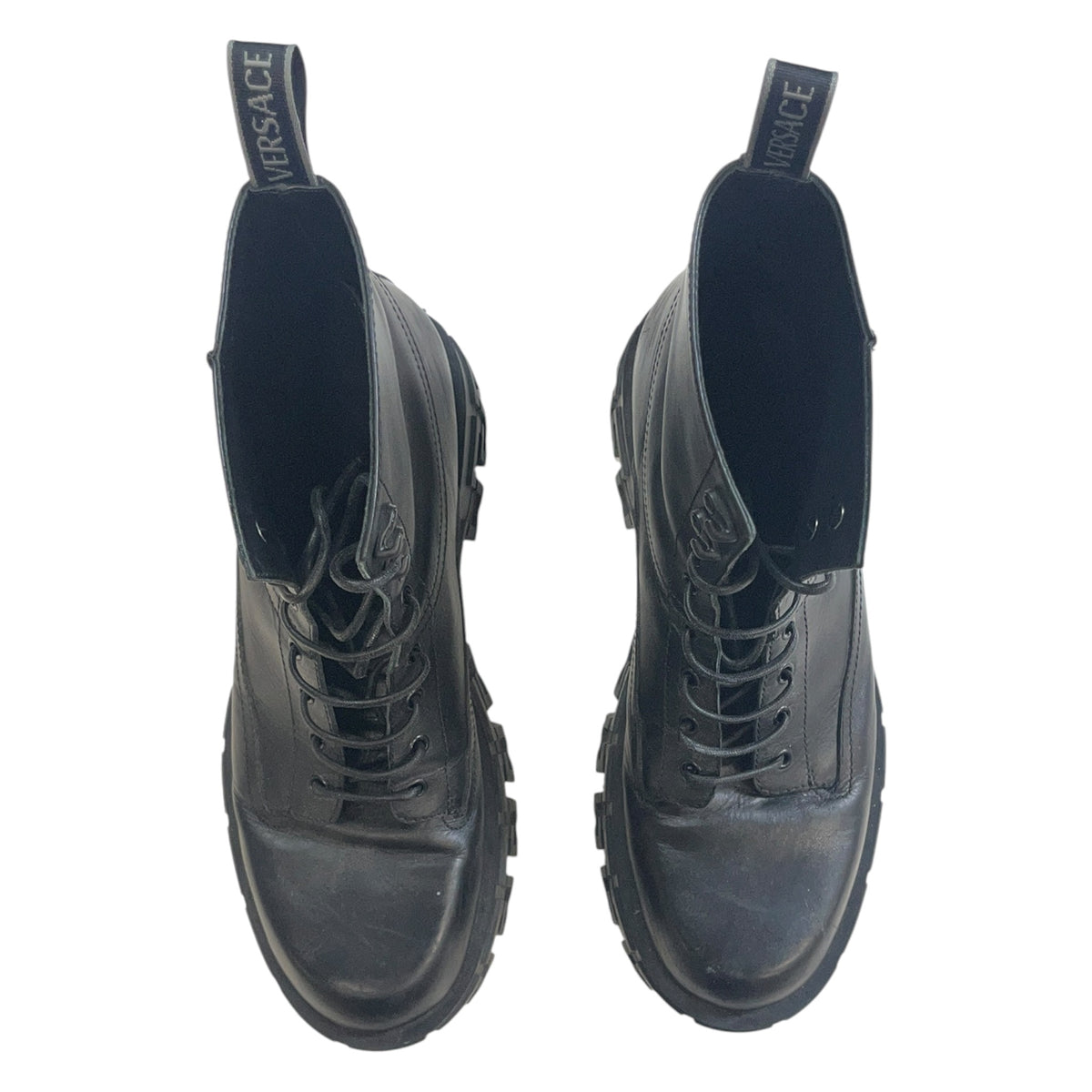 Versace Greca Portico Leather Combat Boots (Used)